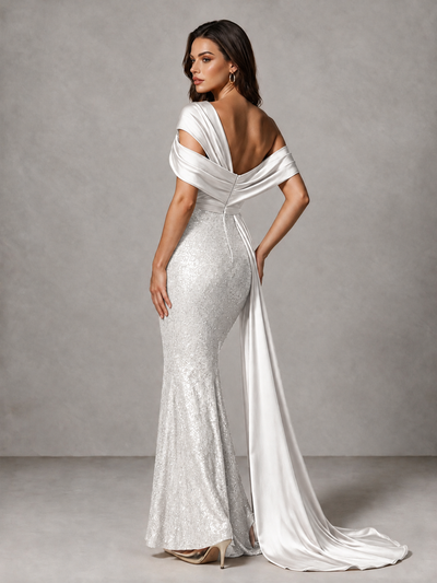 BOLODOO White Sequin Mermaid Evening Dress with Off-Shoulder Satin Drape and Sweep Train - White - White_2