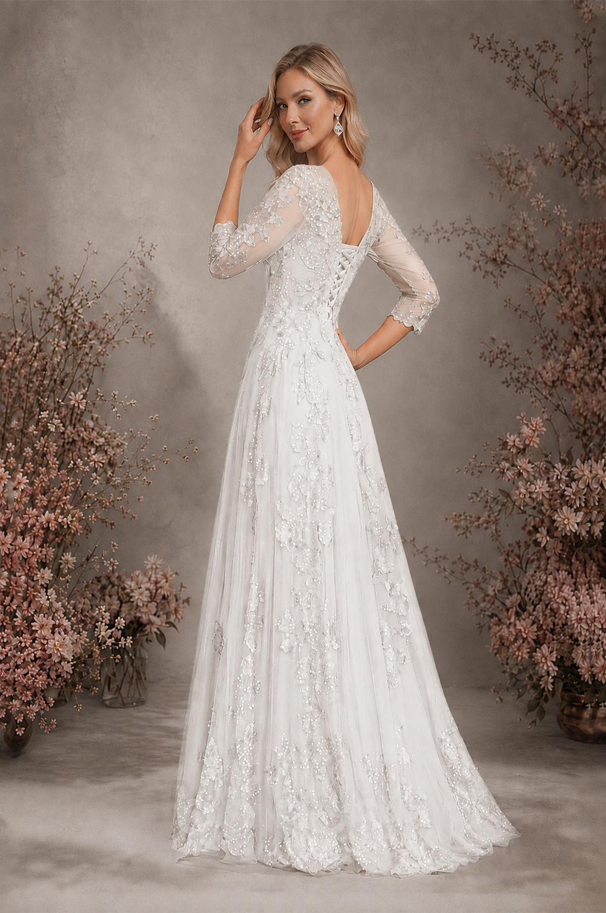 BOLODOO White Sequin Lace 3/4 Sleeve Open Back Formal Evening Gown - White