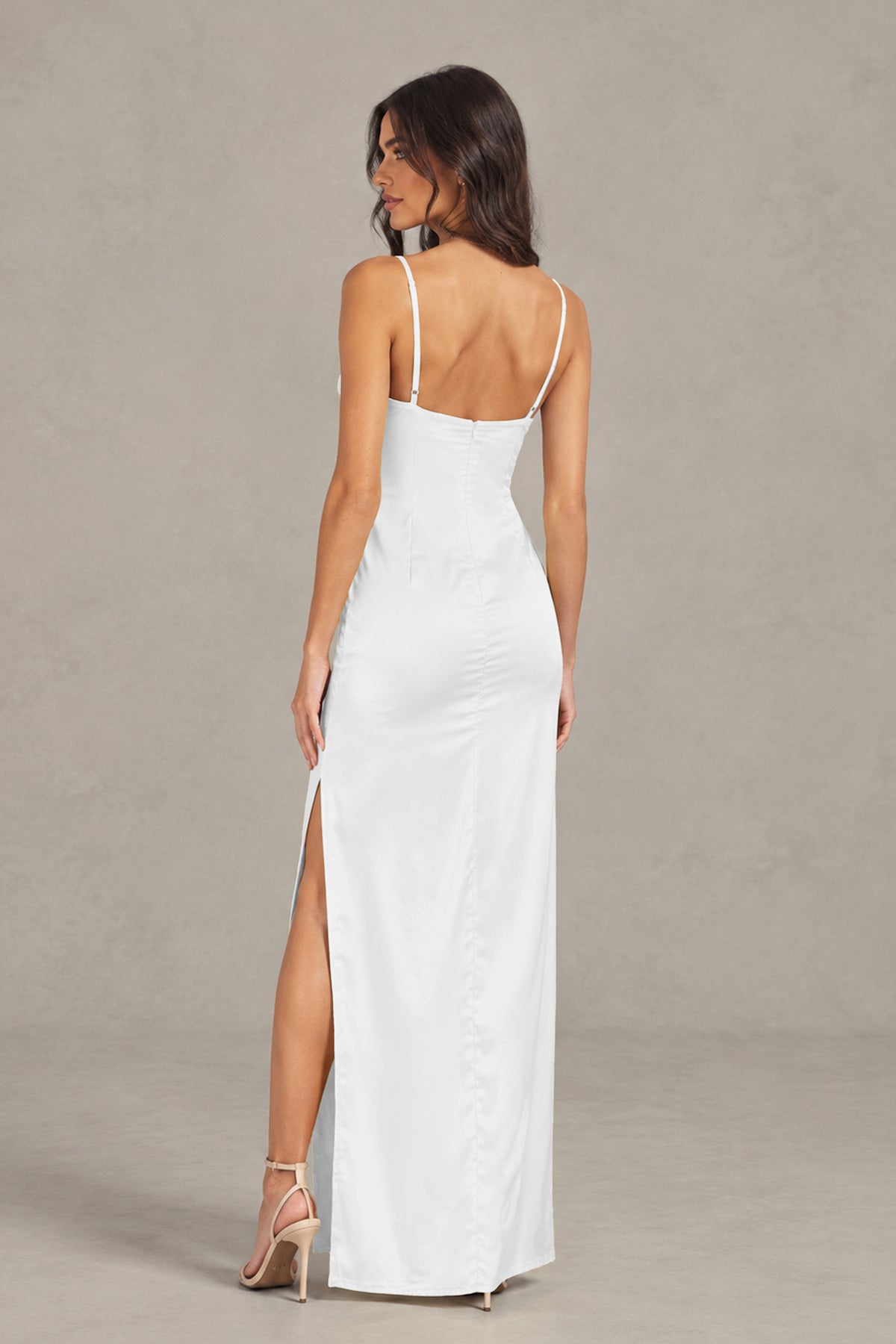 BOLODOO White Satin Cowl Neck Open Back Mermaid Maxi Dress with Side Slit - White