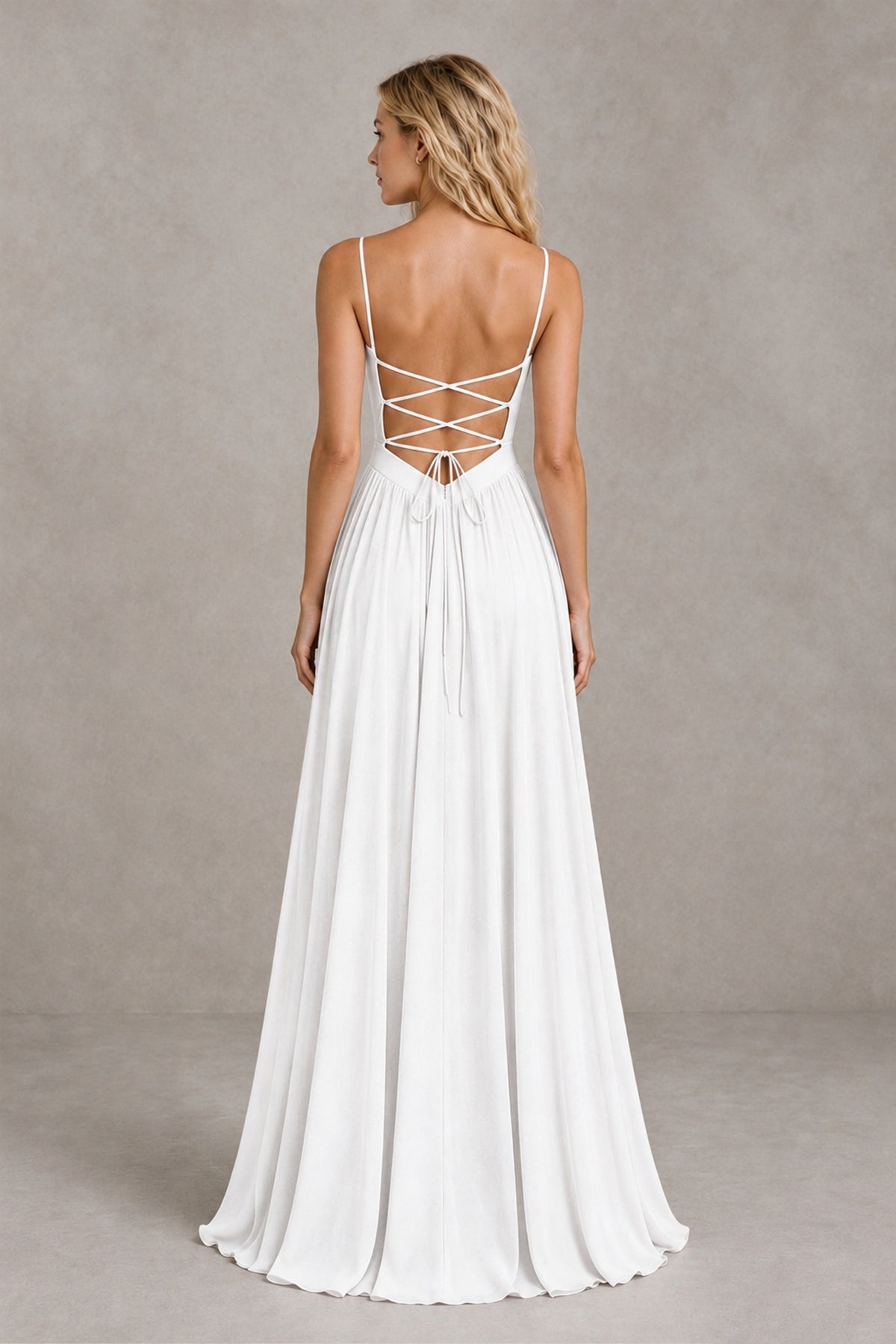 BOLODOO White Spaghetti Strap A-Line Bridesmaid Dress with Slit - White - White_2