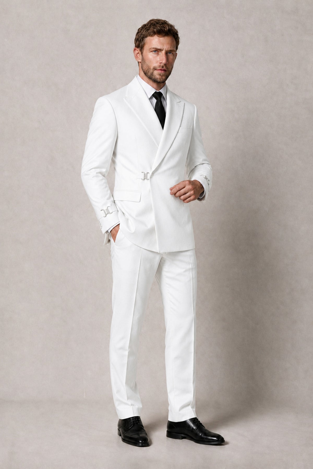 BOLODOO Men's White Double-Breasted 2-Piece Suit Set – Blazer & Tailored Trousers - White
