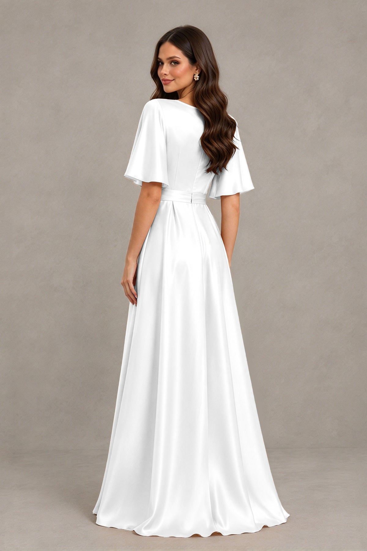 BOLODOO White Satin V-Neck Flutter Sleeve Bridesmaid Dress with Slit - White - White(2)