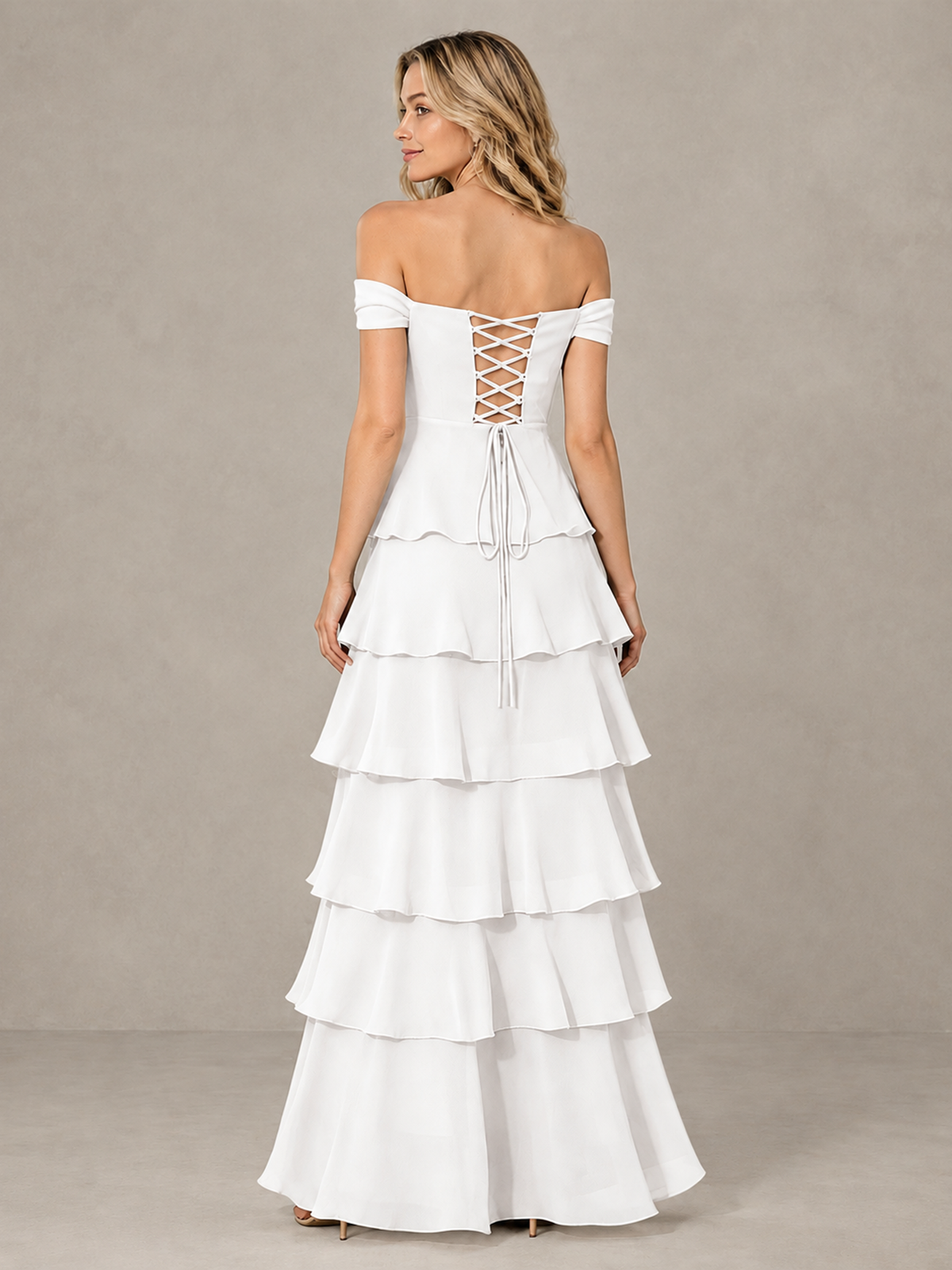 BOLODOO White Off-Shoulder Tiered Ruffle Bridesmaid Dress with Lace-Up Back - White - White_2