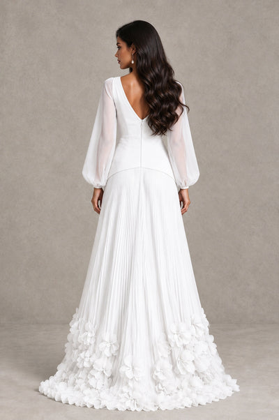 BOLODOO White V-Neck Long Sleeve Pleated Floral Hem Evening Dress - White - White_2