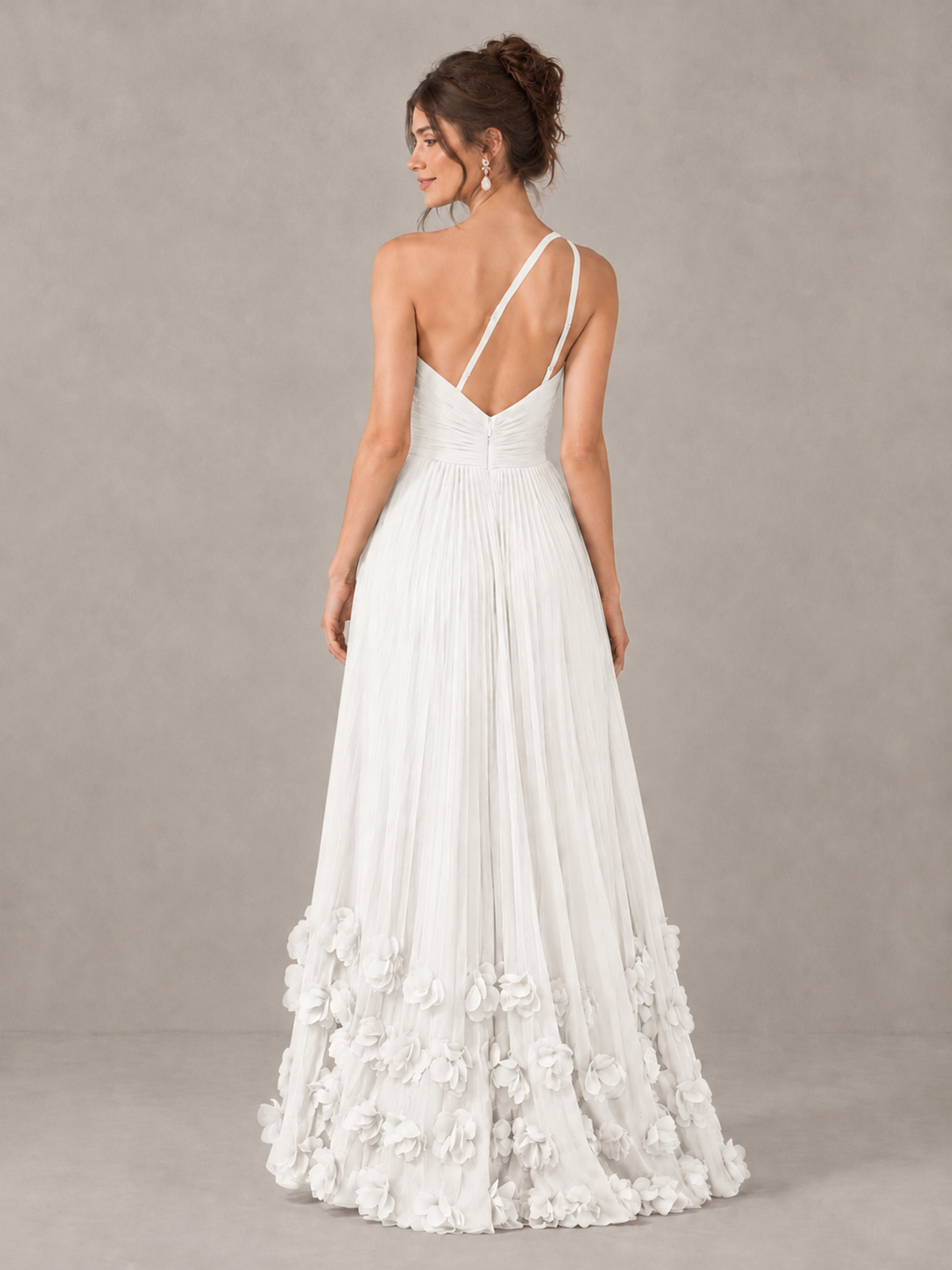 BOLODOO White One-Shoulder Pleated Bridesmaid Dress with 3D Floral Hem - White - White_2
