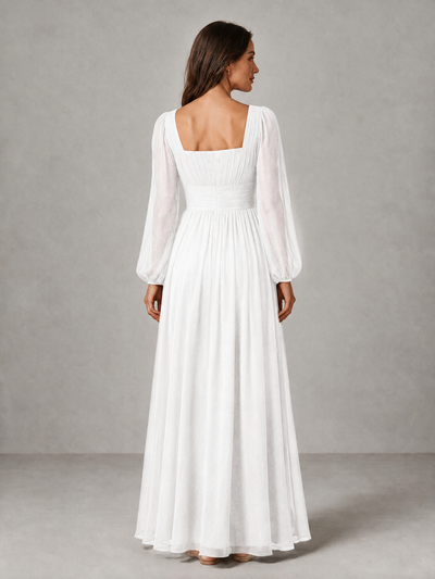 BOLODOO White Square Neck Long Sleeve Chiffon Bridesmaid Dress - White - White_2
