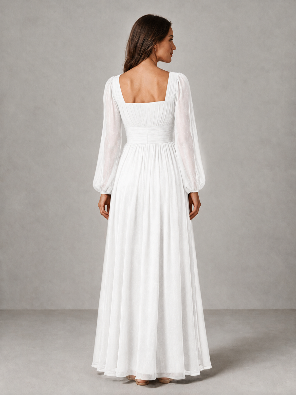 BOLODOO White Square Neck Long Sleeve Chiffon Bridesmaid Dress - White - White_2