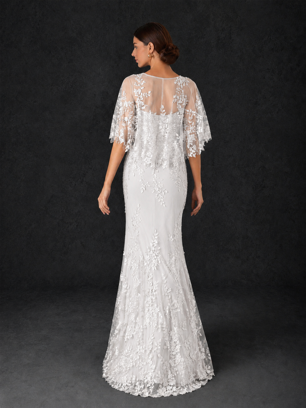 BOLODOO Mocha Rose Botanical Lace Flutter Sleeve Mermaid Gown - White - White