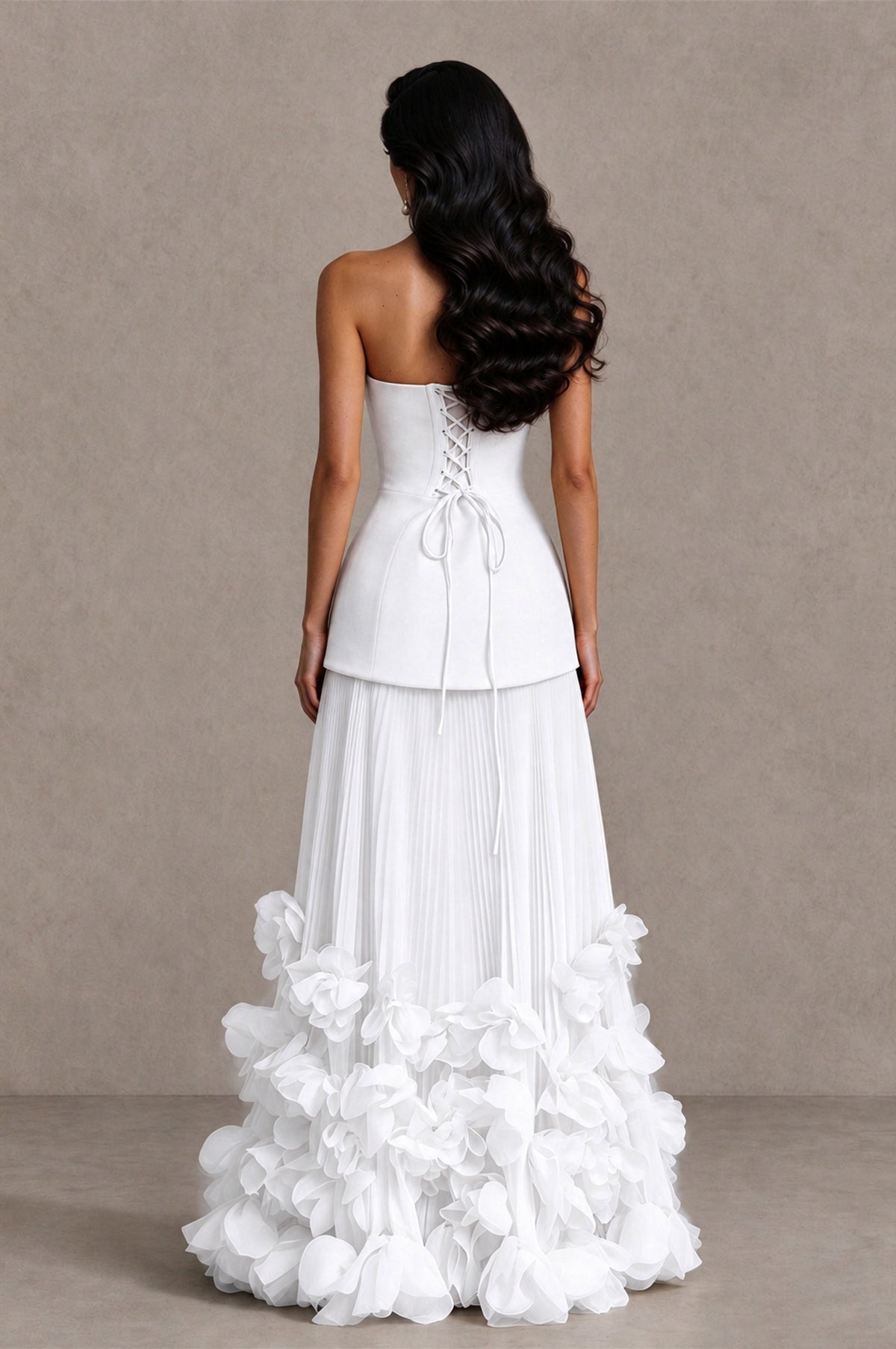 BOLODOO White Strapless Pleated Floral Hem Evening Gown - White - White_2
