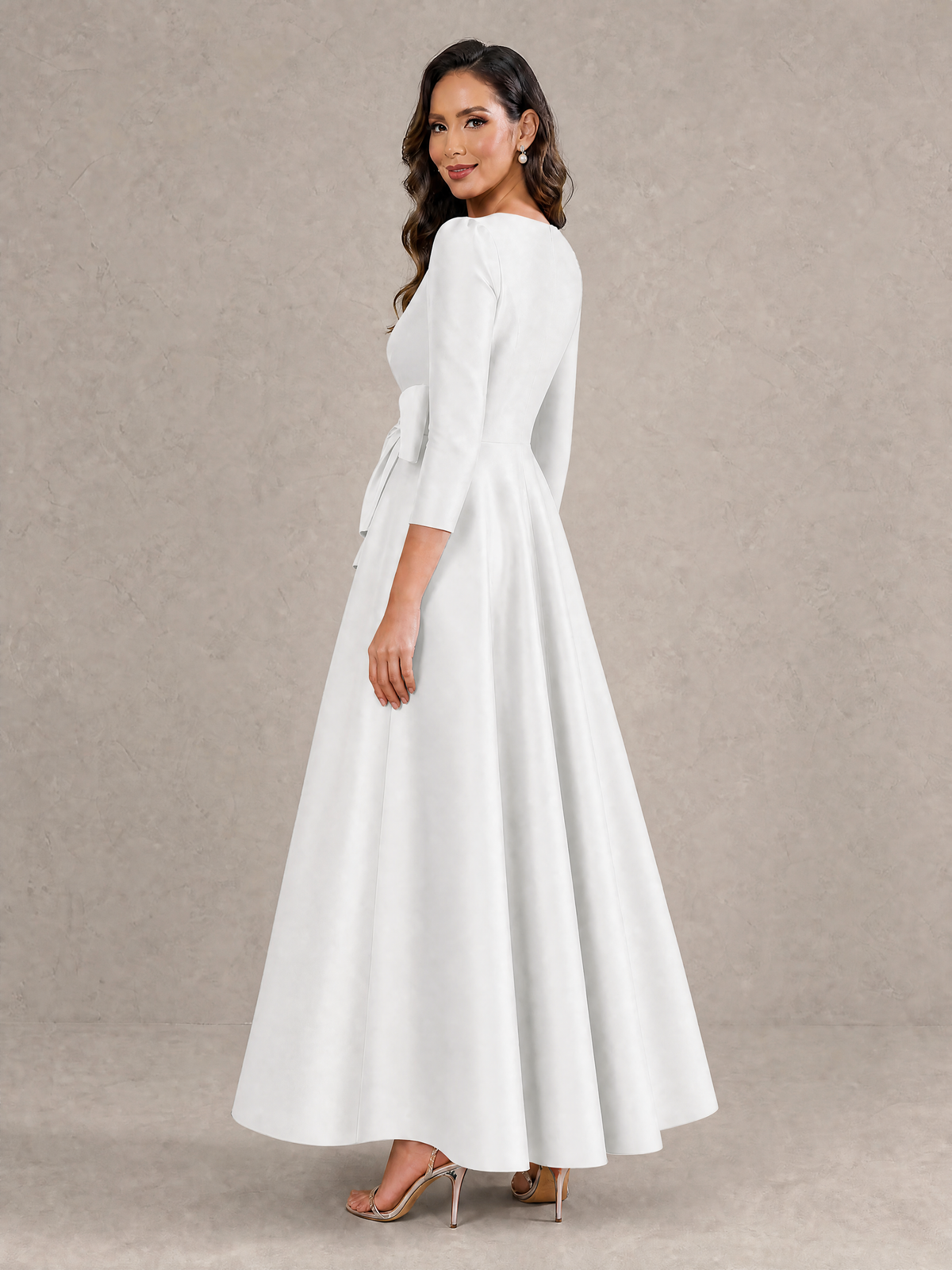 BOLODOO White Satin Deep V-Neck Wrap 3/4 Puff Sleeve A-Line Ball Gown Maxi Dress with Oversized Bow Belt - White