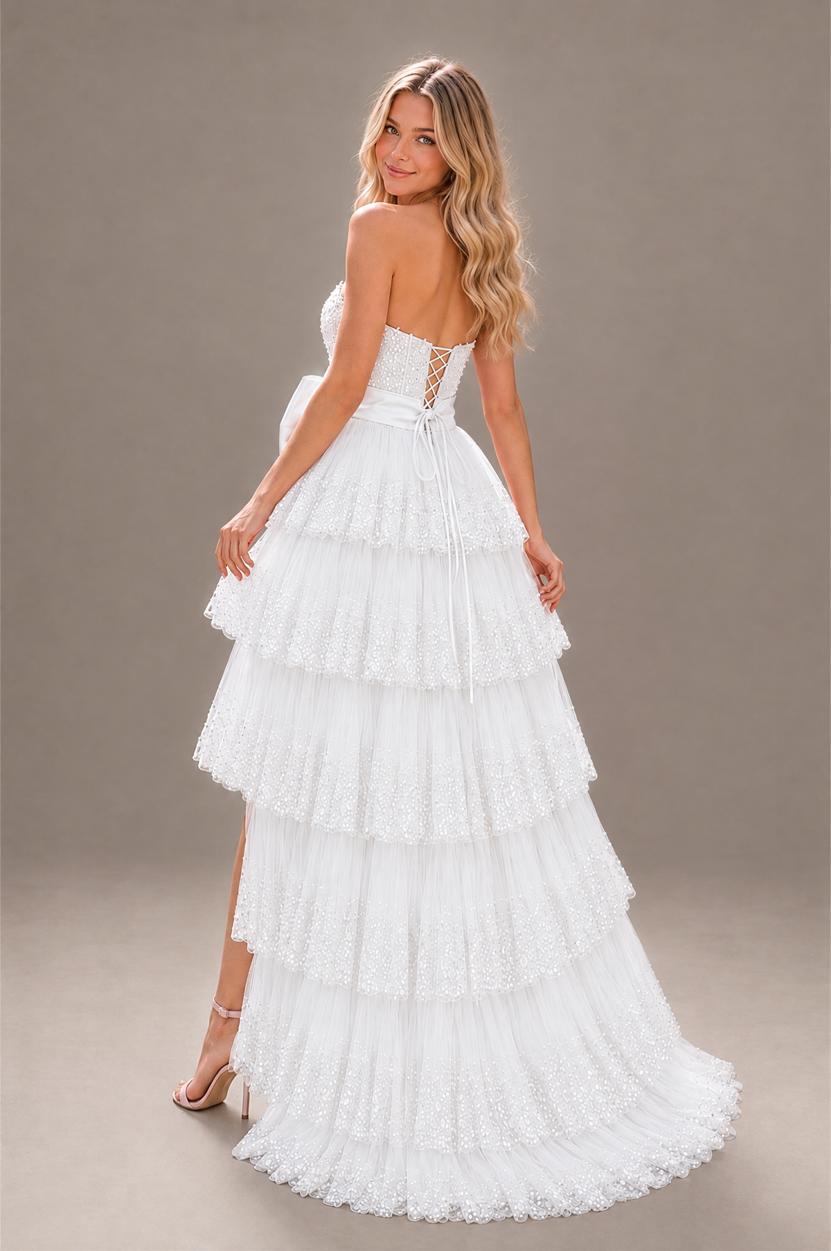 BOLODOO White Strapless Tiered Tulle Prom Dress with Bow - White - White_2