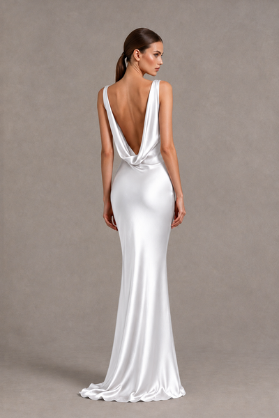 BOLODOO White Cowl Neck Backless Satin Mermaid Evening Dress - White - White_2