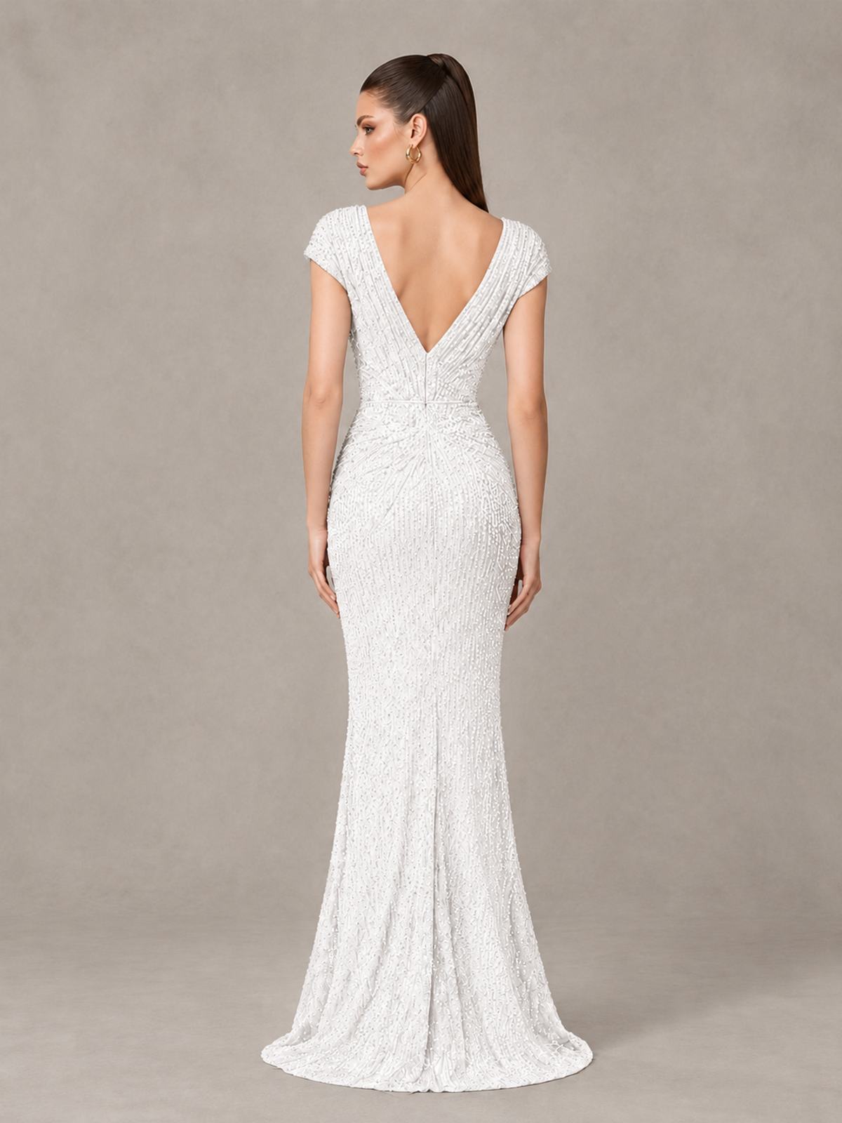 BOLODOO White Glitter V-Neck Cap Sleeve Ruched Mermaid Evening Gown - White - White_2