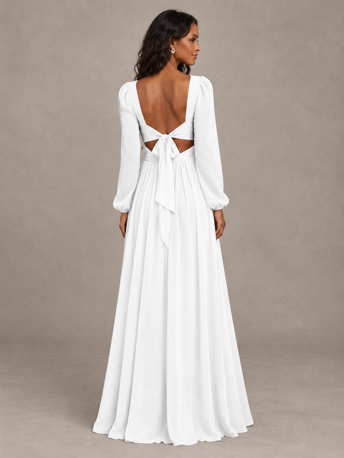 BOLODOO White V-Neck Long Sleeve Bridesmaid Dress with Tie Back and Slit - White - White_2