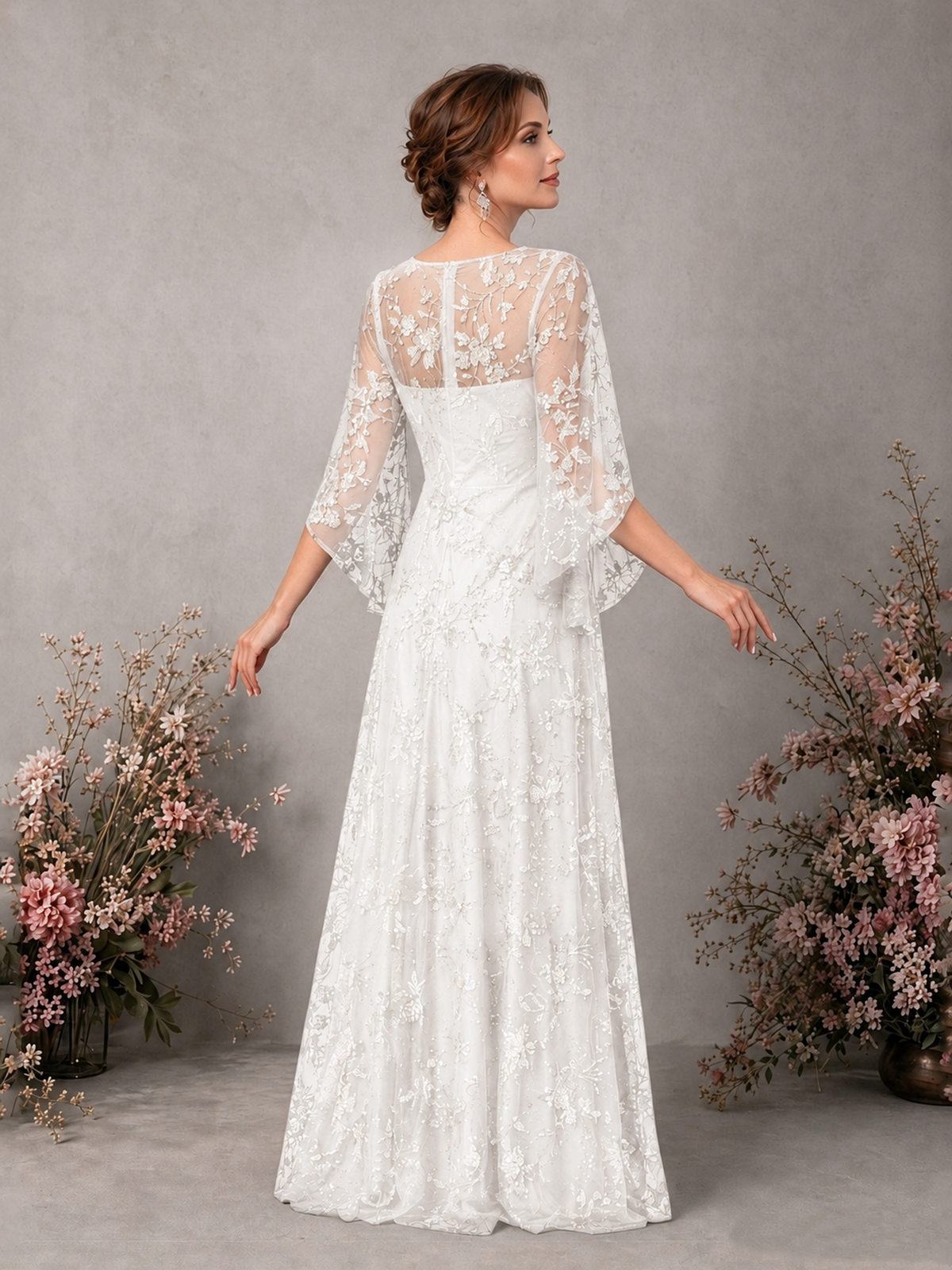 BOLODOO White Sequin Lace Cape Sleeve Formal Evening Gown - White - White_2