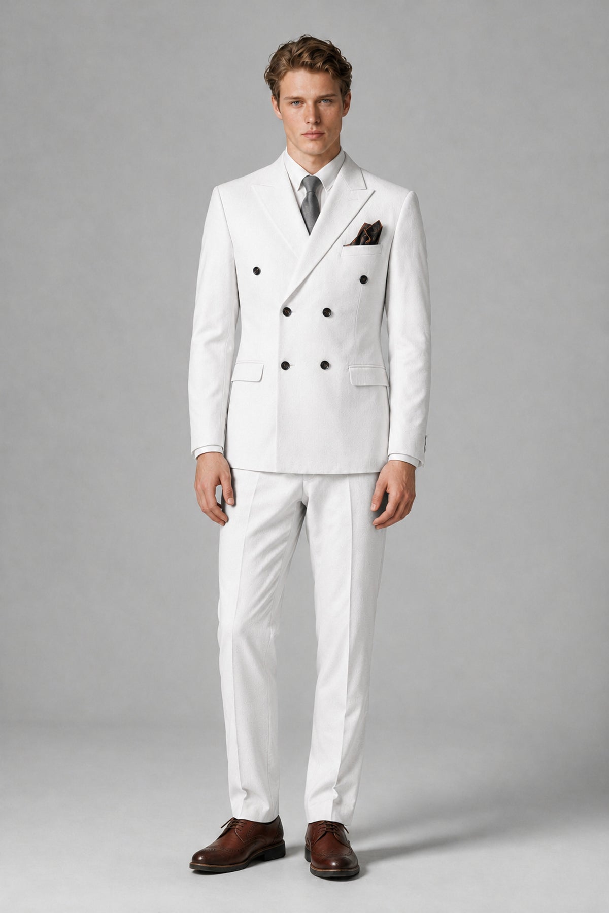 Bolodoo Men's White Double-Breasted Two-Piece Suit with Peak Lapels - White - White_2