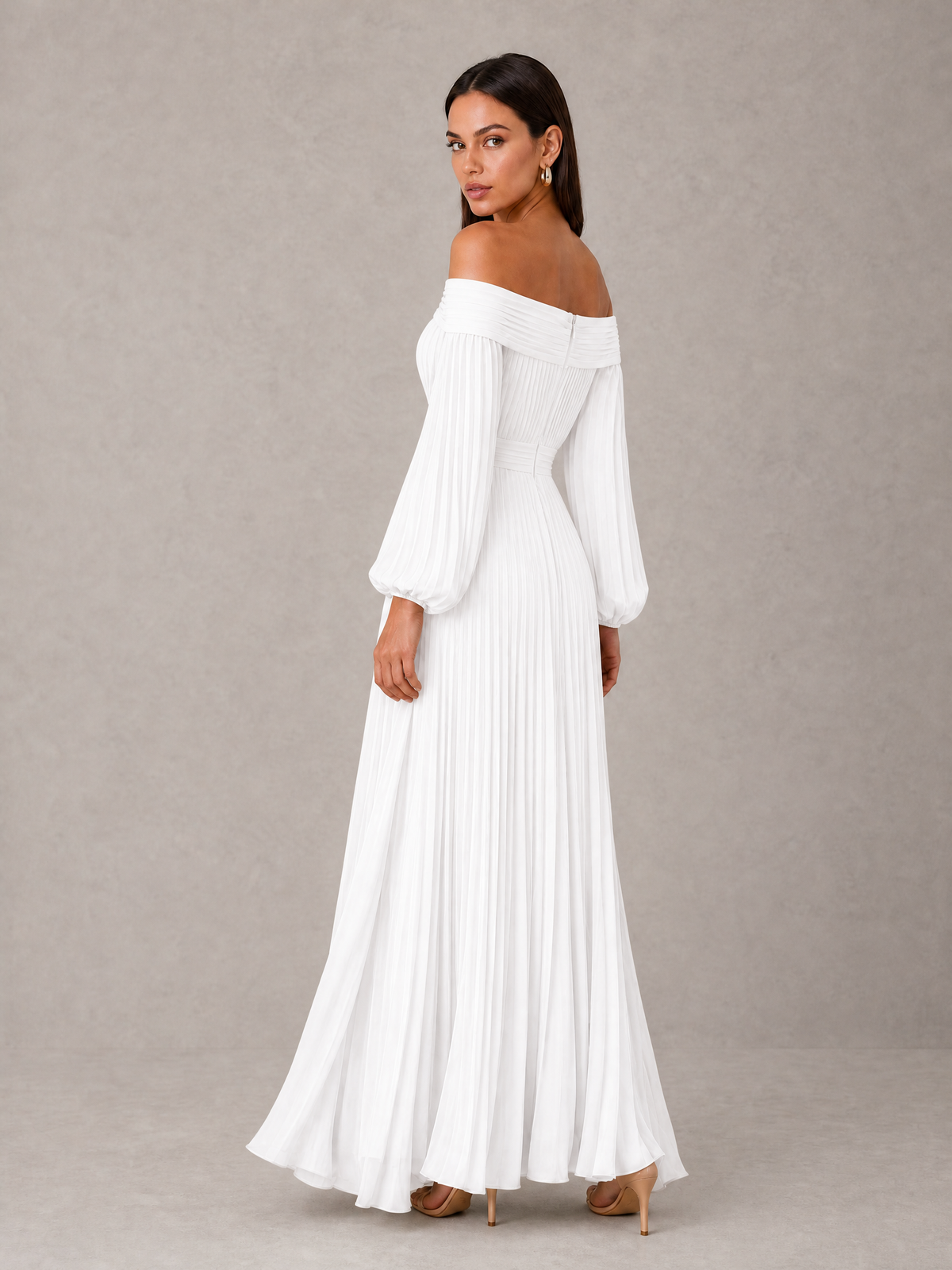 BOLODOO White Off-Shoulder Long Sleeve Pleated High-Low Dress - White - White_2