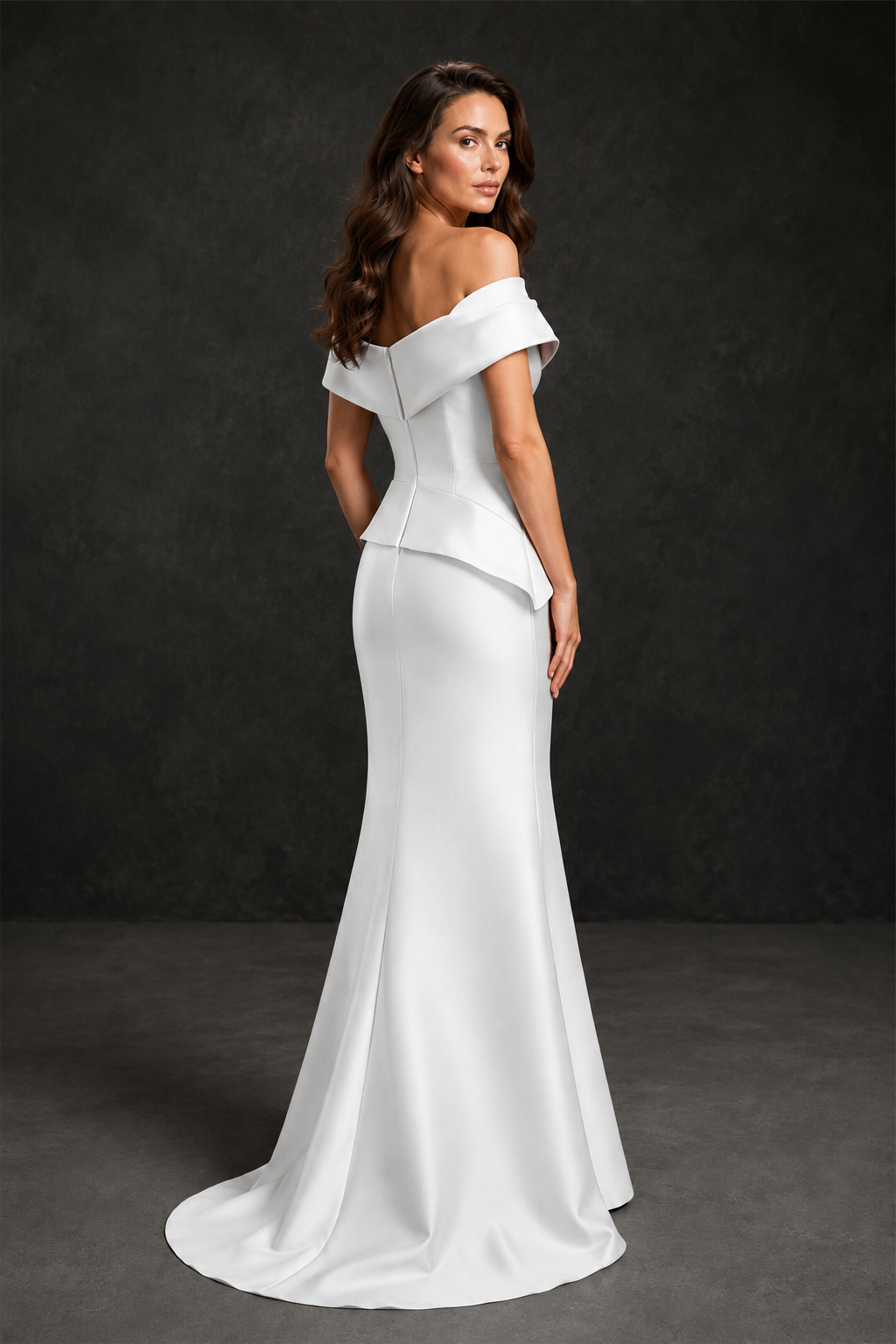 BOLODOO White Satin Off-Shoulder Sweetheart Asymmetric Peplum Mermaid Gown with White Floral Embroidery | MOB Evening Dress - White