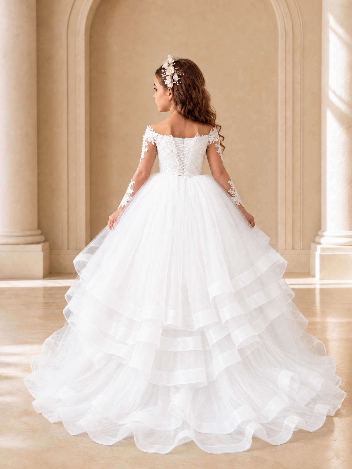 BOLODOO White Lace Long Sleeve Tiered Flower Girl Dress - White - White_2