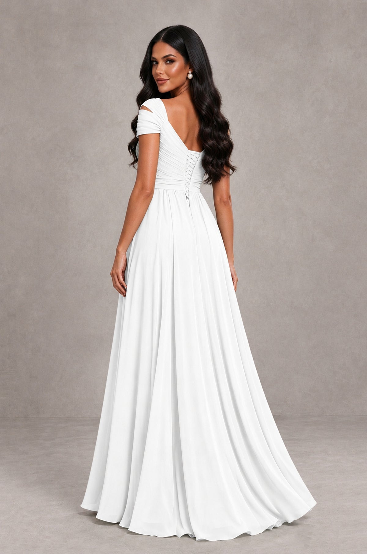 BOLODOO White Cold Shoulder Chiffon Evening Dress with V Neck and High Slit - White - White_2
