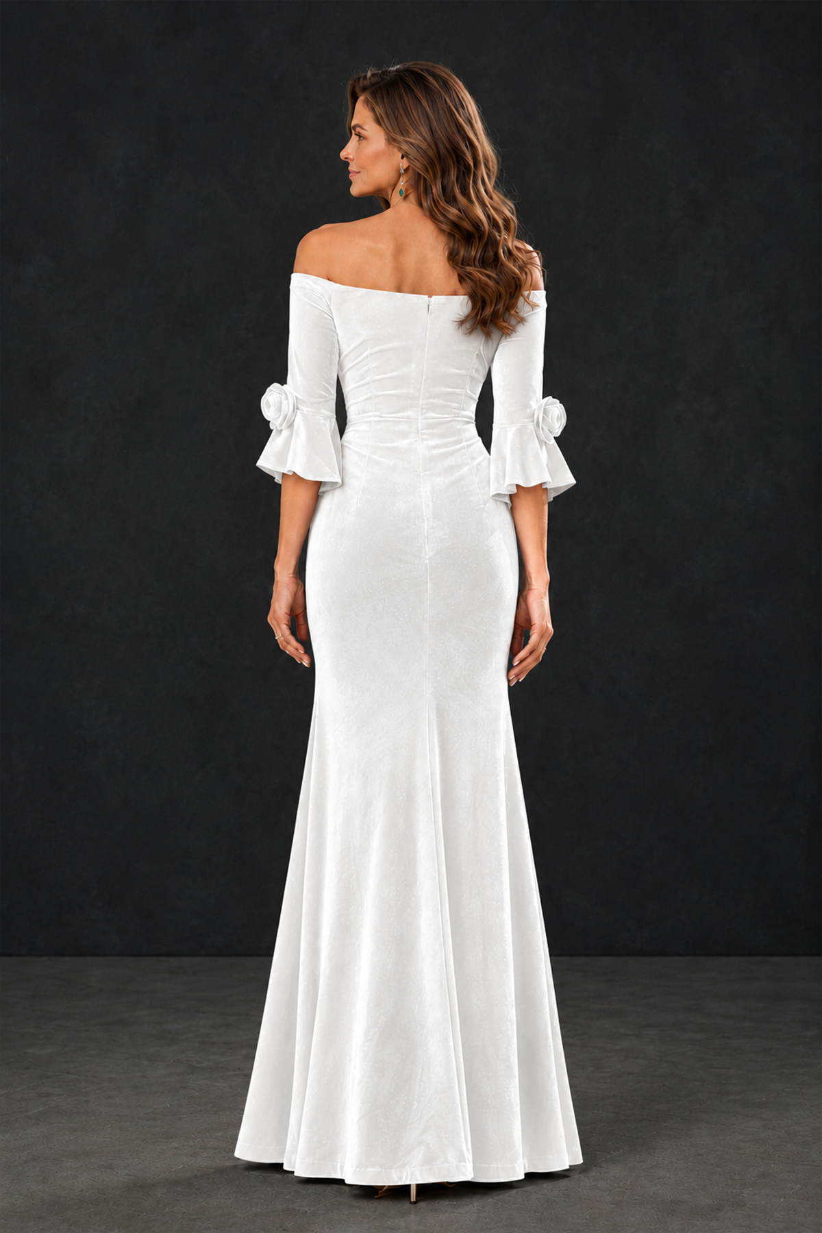 BOLODOO White Velvet Mother of the Bride Dress with Rosette Sleeves - White - White_2