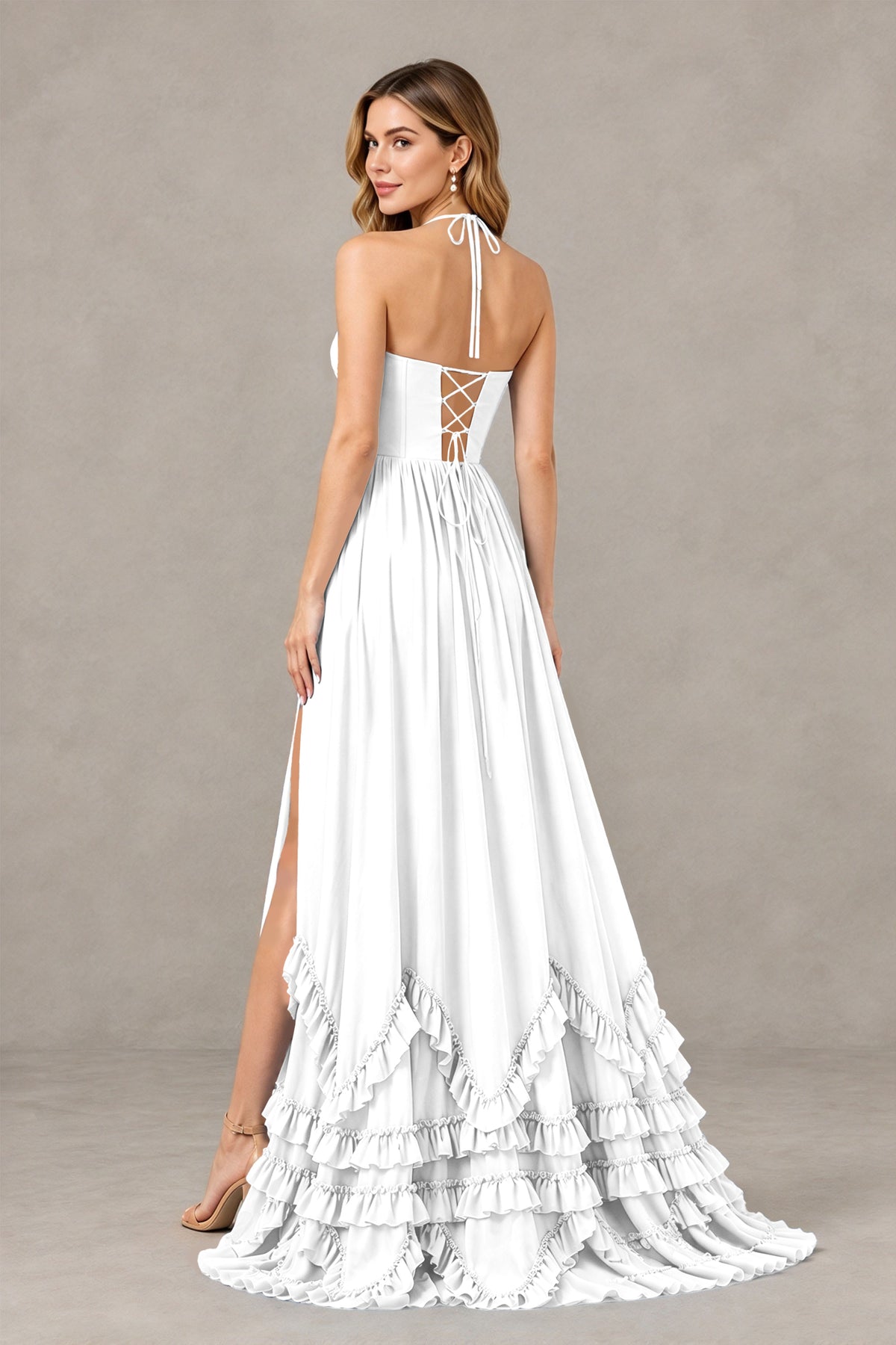 BOLODOO White Halter Ruffle Hem A-Line Bridesmaid Dress with High Slit - White - White(2)