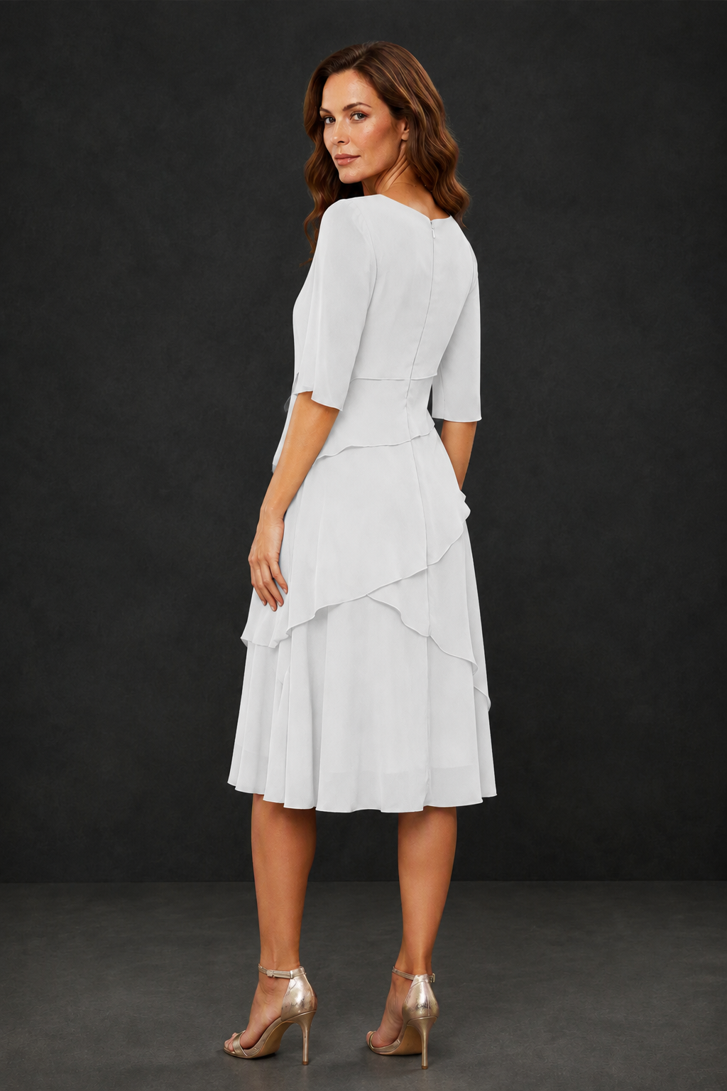 BOLODOO White Chiffon 3/4 Sleeve Asymmetric Tiered Tea Length Dress | Mother of the Bride Midi Dress - White