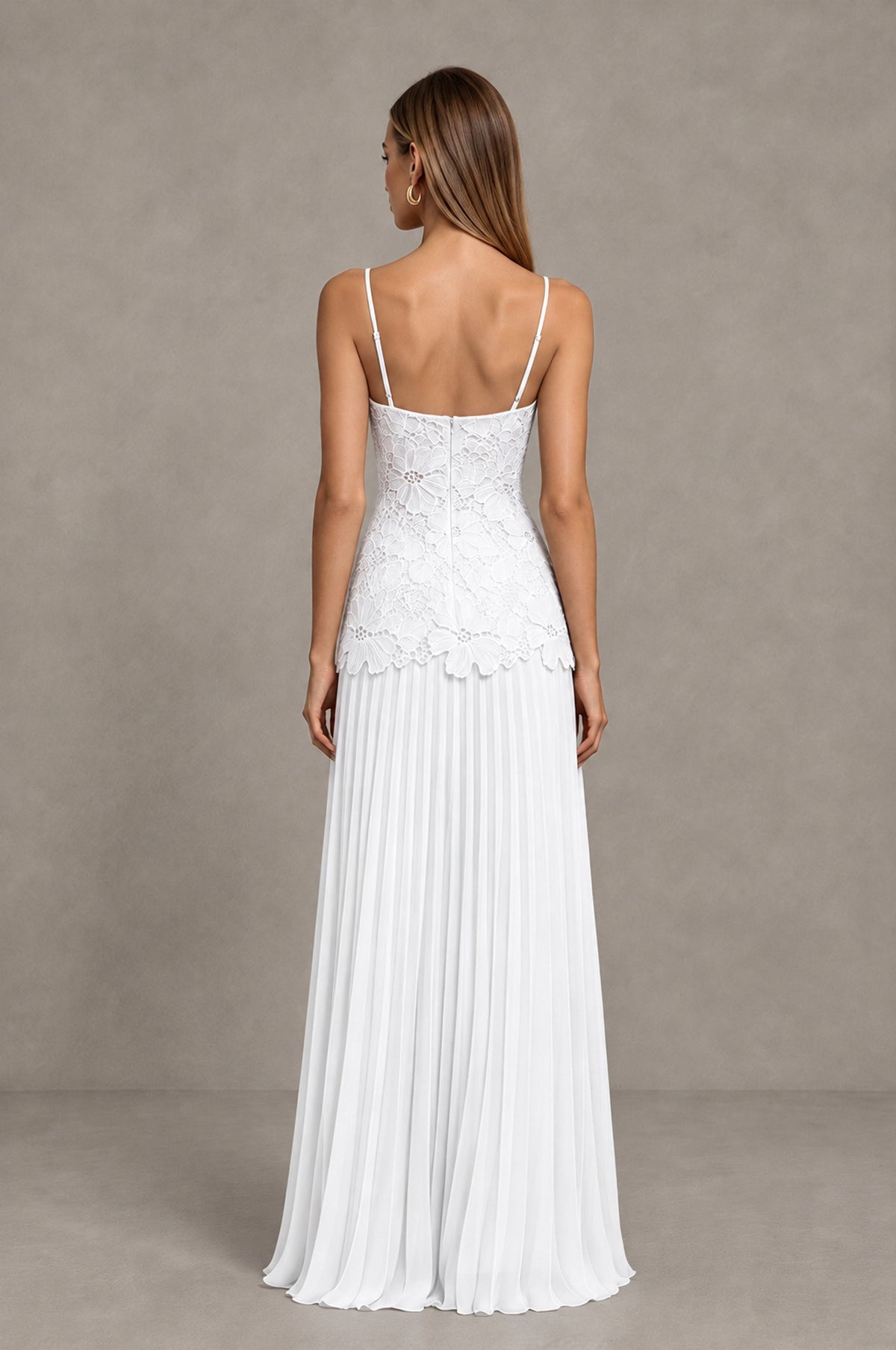BOLODOO White Lace Bodice Pleated Wedding Guest Dress - White - White_2