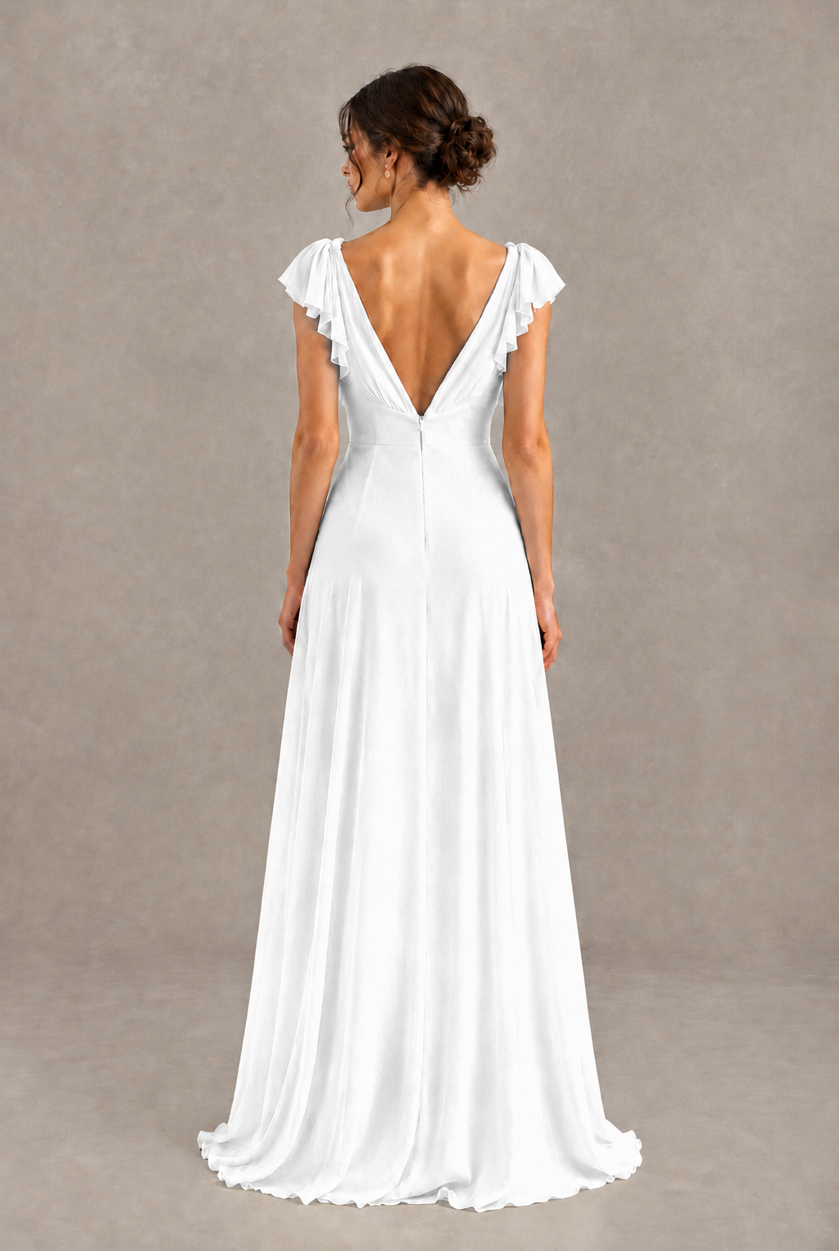 BOLODOO White V-Neck Flutter Sleeve A-Line Bridesmaid Dress - White - White_2