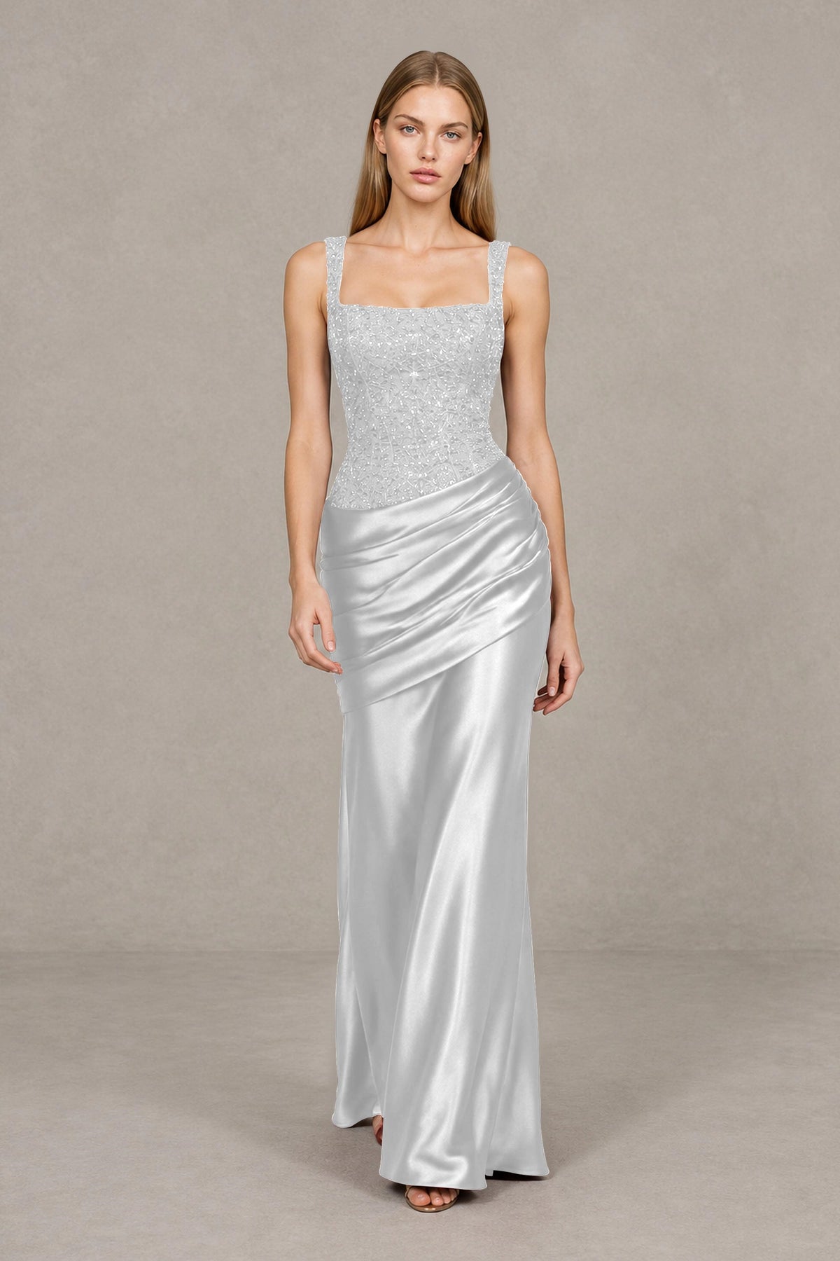 BOLODOO White Square Neck Embellished Satin Evening Gown - White