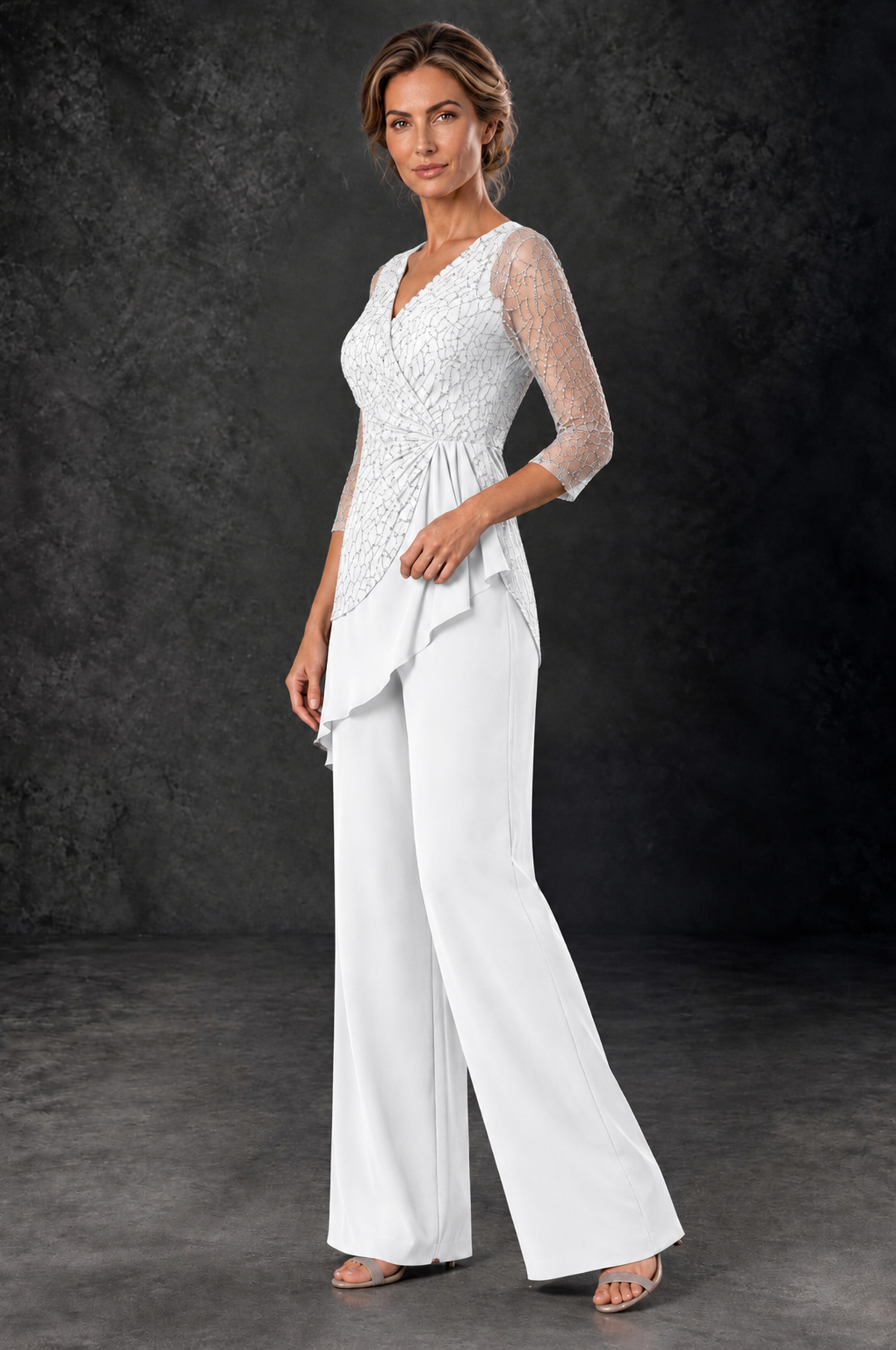BOLODOO White Sequin Lace 3/4 Sleeve Chiffon Mother of the Bride Pant Suit - White - White_2