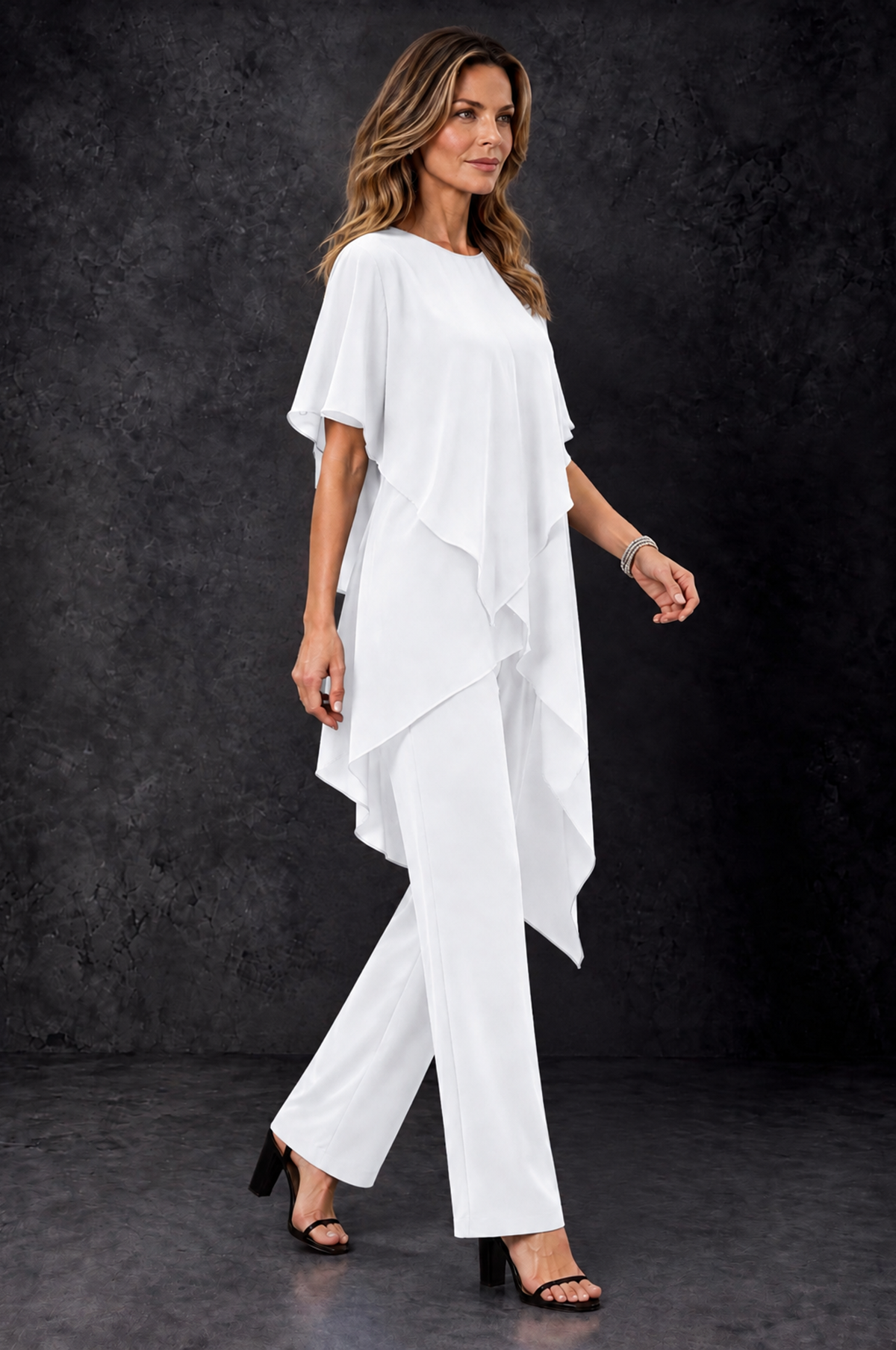 BOLODOO White Chiffon Two Piece Mother of the Bride Pant Suit - White - White_2