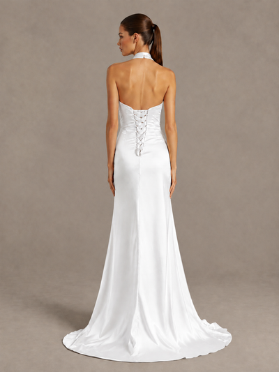 BOLODOO White Halter Satin Evening & Prom Dress with High Slit - White - White_2