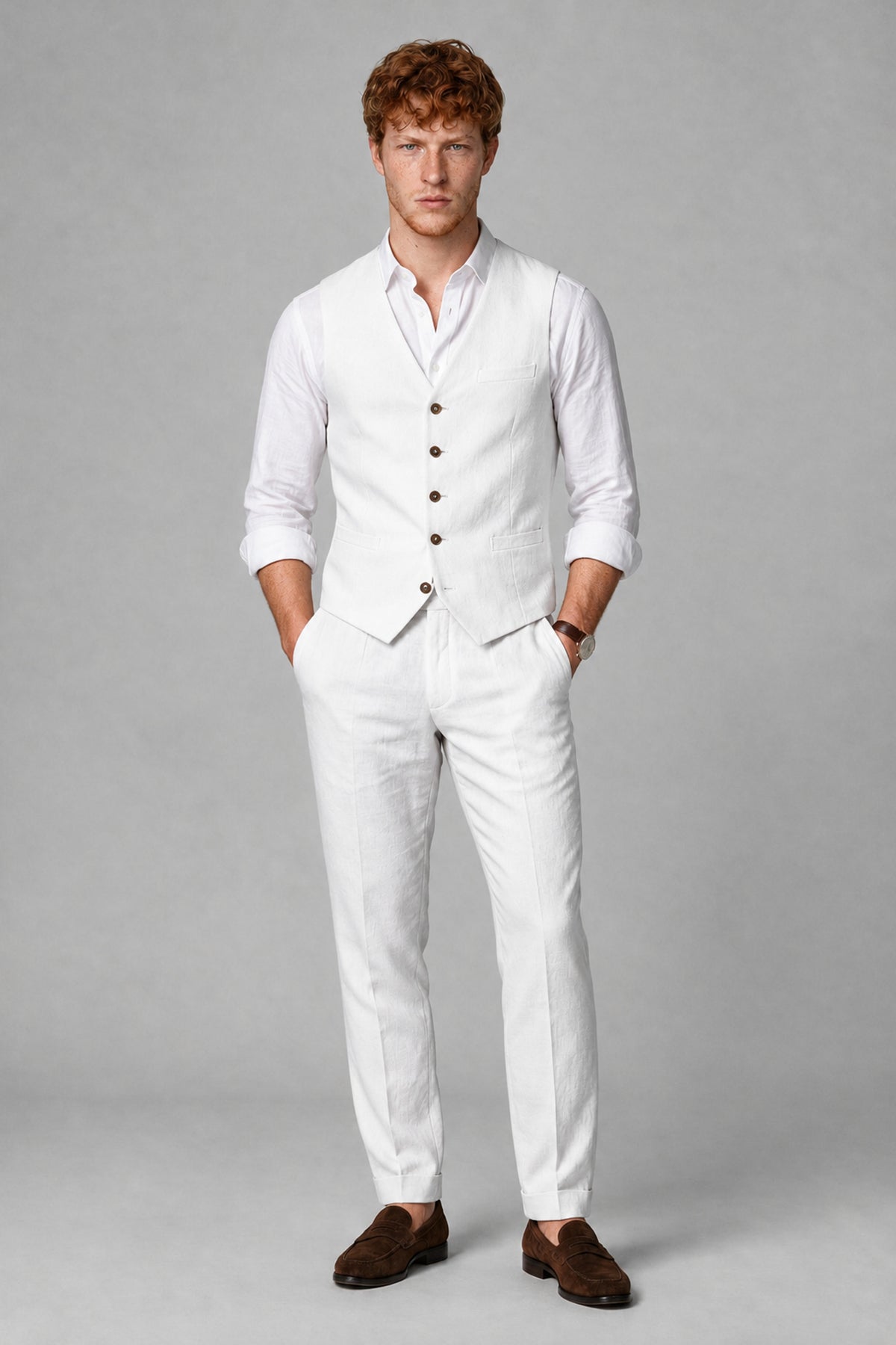 Bolodoo Men's White 2-Piece Vest and Pants Set with V-Neck Waistcoat - White - White_2