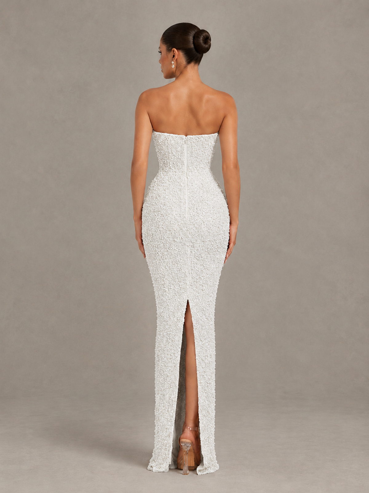 BOLODOO White Strapless Sequin Evening Gown with Floral Neckline - White - White_2