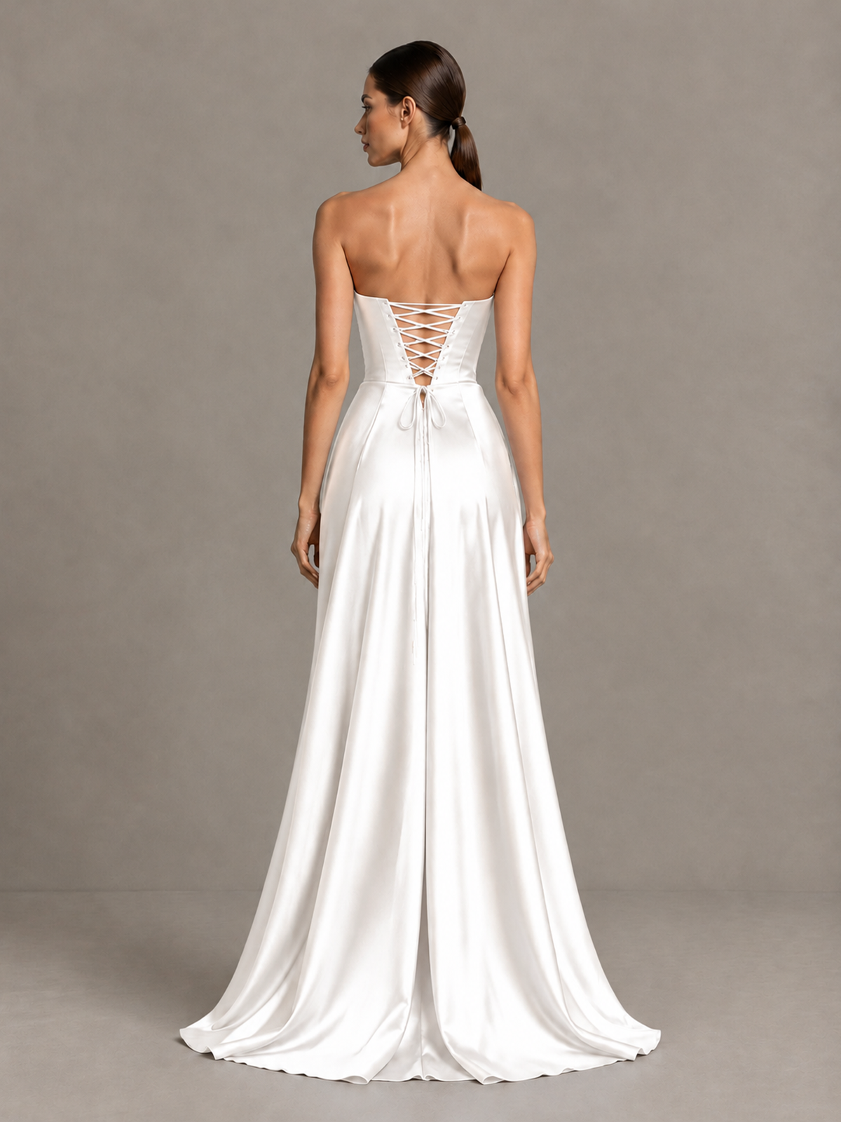 BOLODOO White Strapless Satin High-Slit Lace-Up Prom Dress - White - White_2