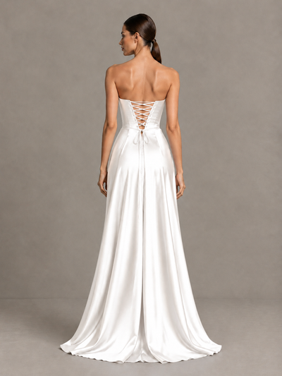 BOLODOO White Strapless Satin High-Slit Lace-Up Prom Dress - White - White_2
