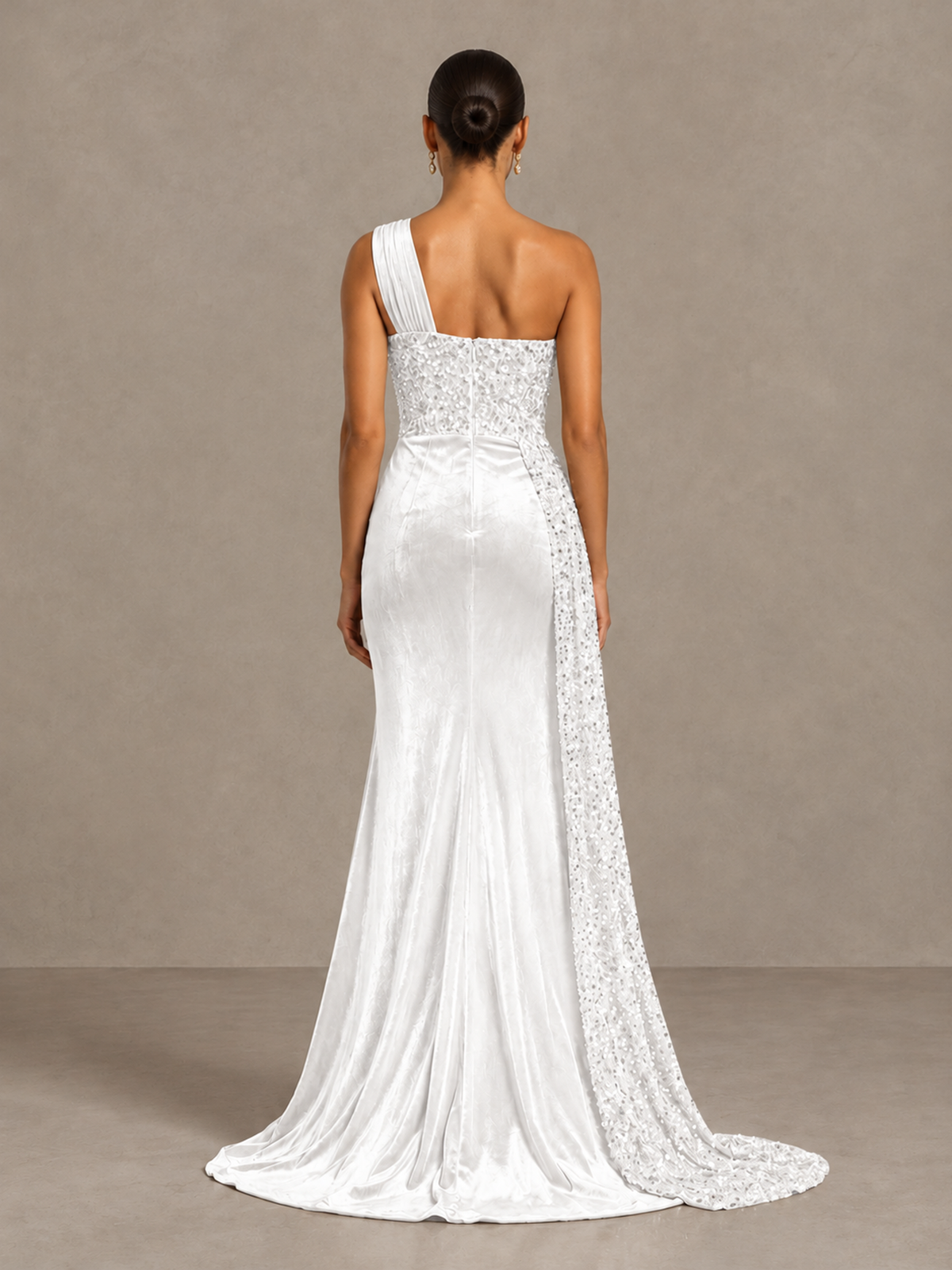 BOLODOO White One-Shoulder Satin Sequin Gown with High Slit - White - White_2