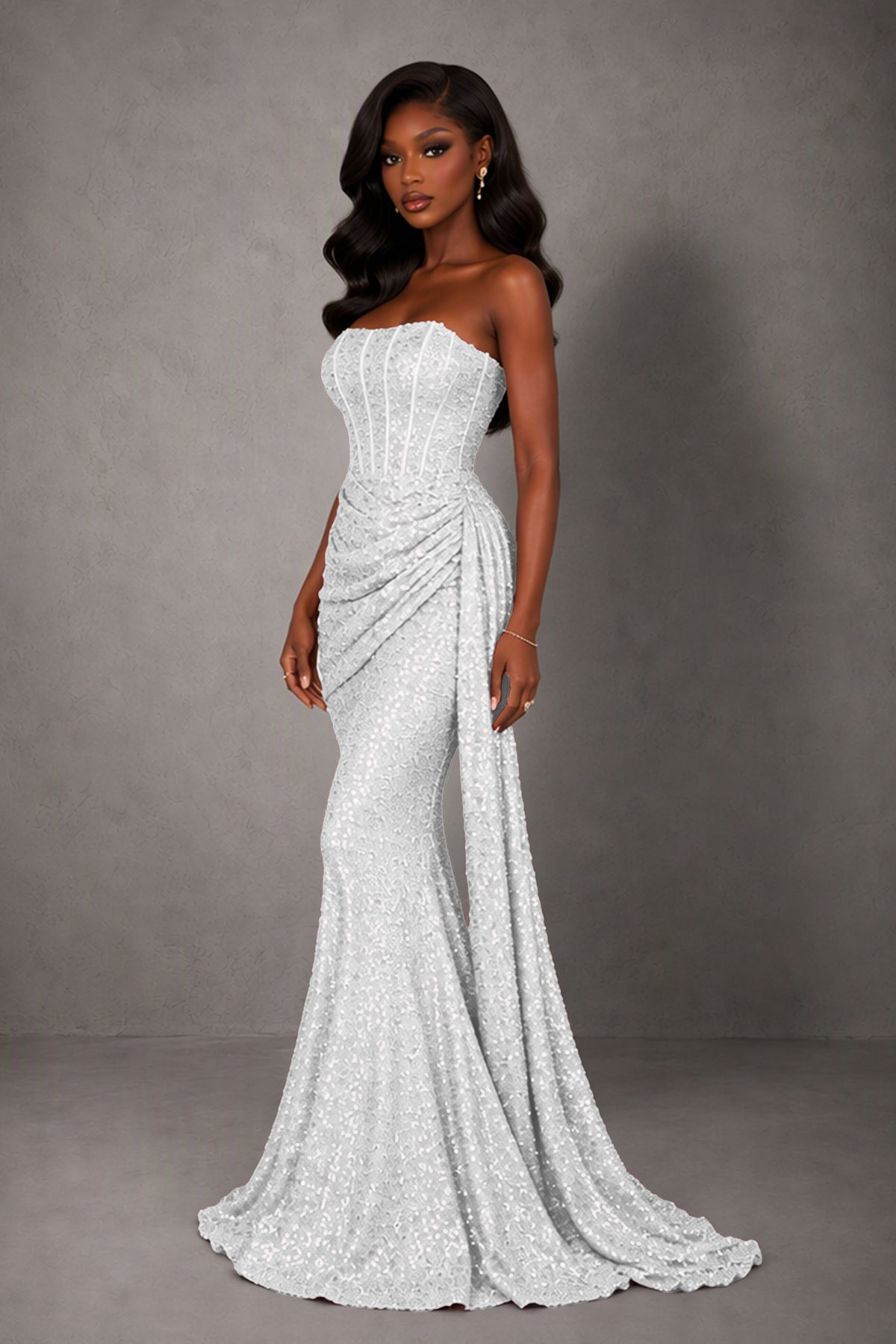 BOLODOO White Sequin Strapless Corset Mermaid Evening Gown with Train - White