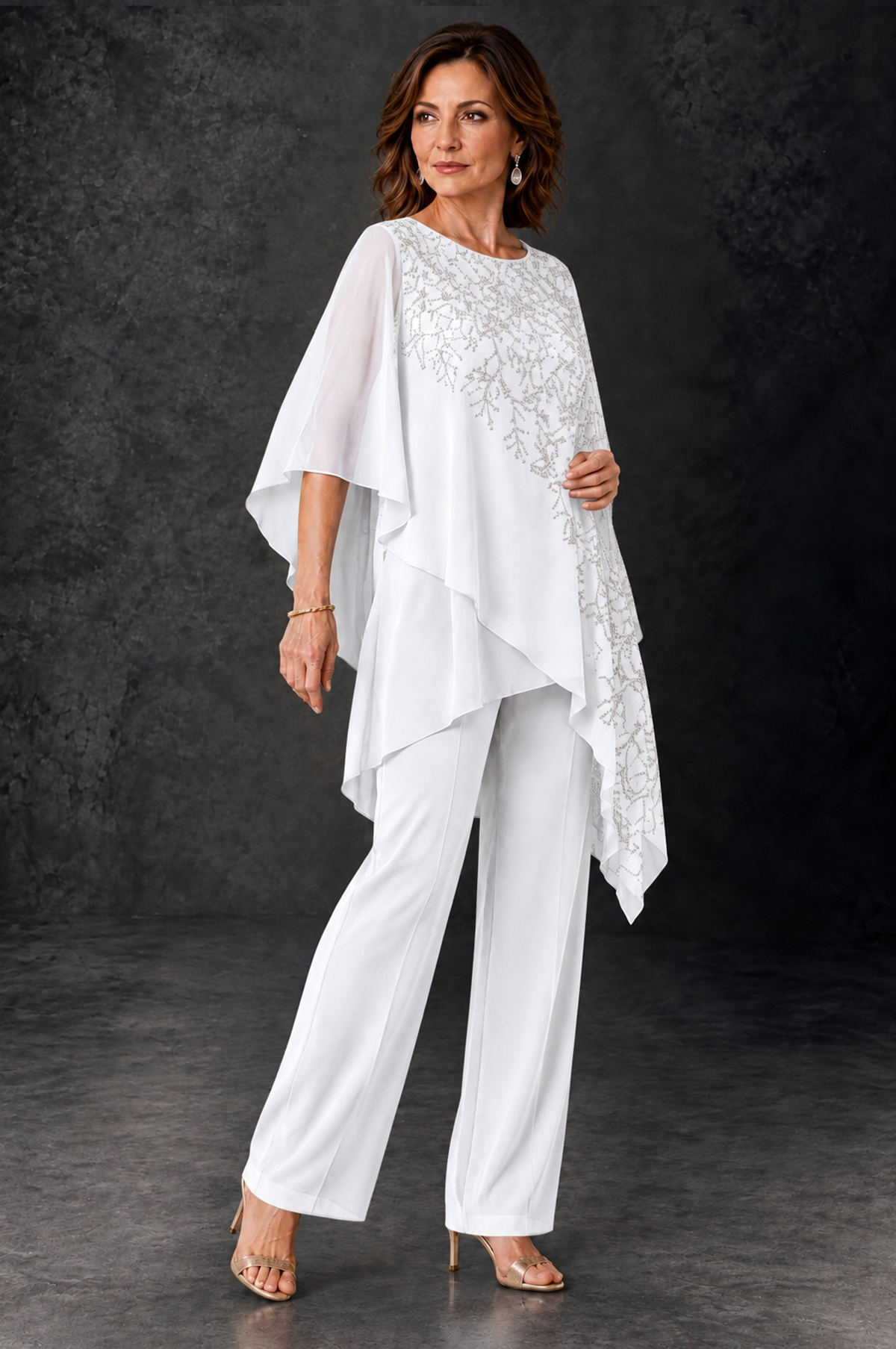 BOLODOO White Embellished Cape Pant Suit for Mother of the Bride - White - White_2