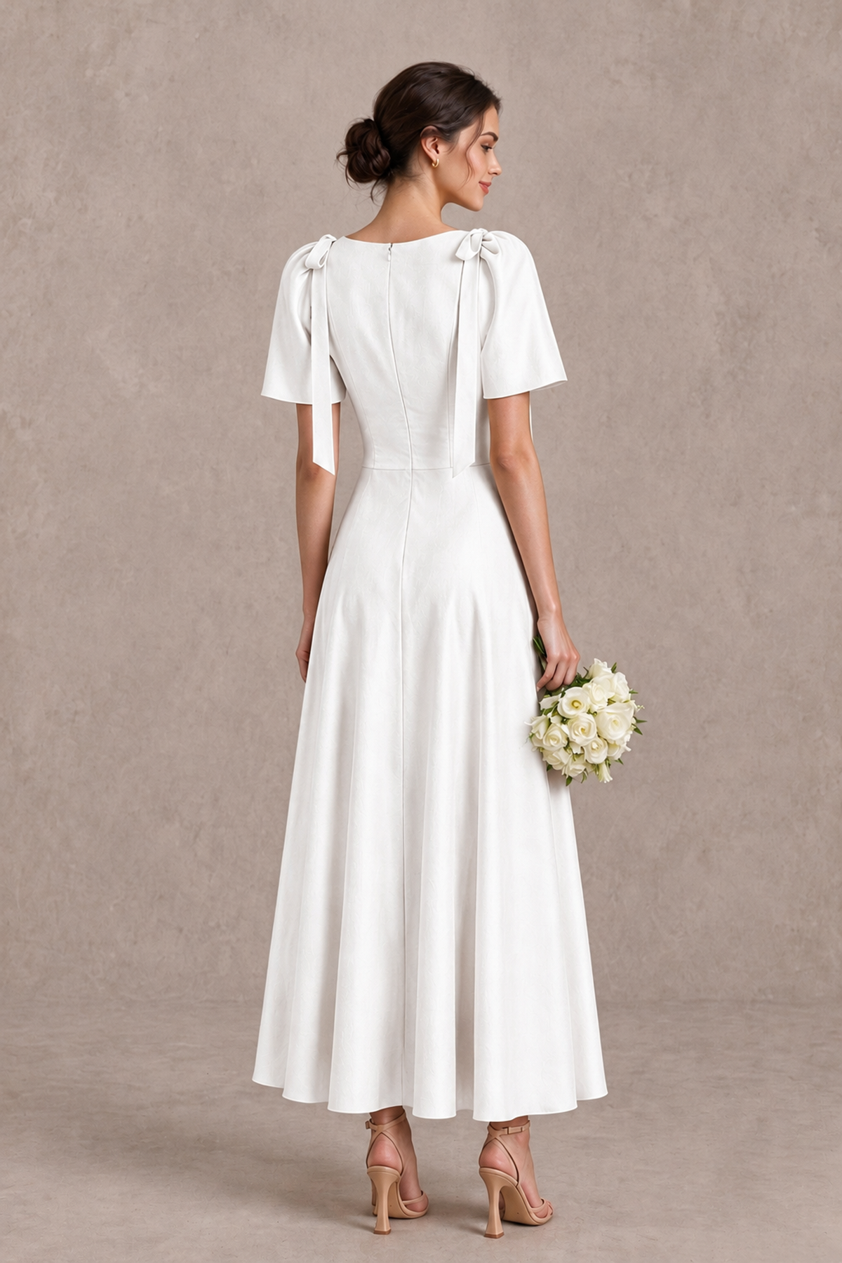 BOLODOO White V-Neck Short Sleeve Satin-Look Bridesmaid Dress with Shoulder Bows - White - White_2