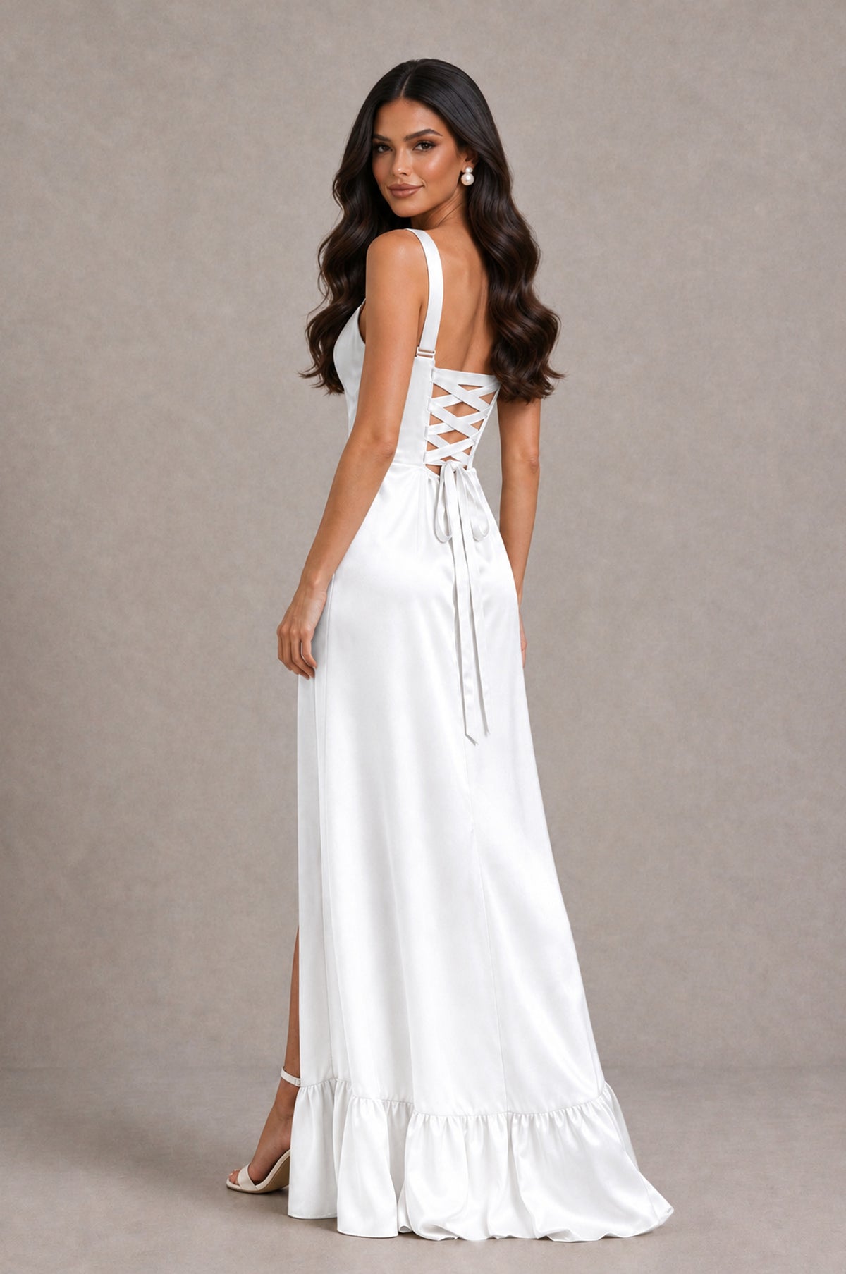 BOLODOO White Square Neck Satin Evening Dress with Lace-Up Back and High Slit - White - White_2