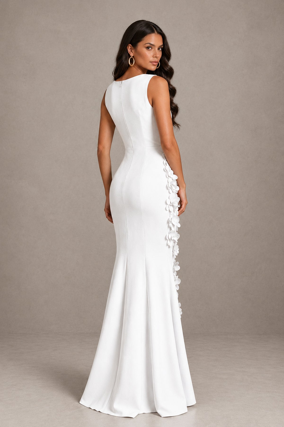 BOLODOO White Bateau Neck Sleeveless Asymmetric Peplum 3D Petal Appliqué Mermaid Gown BD0421 - White - White_2