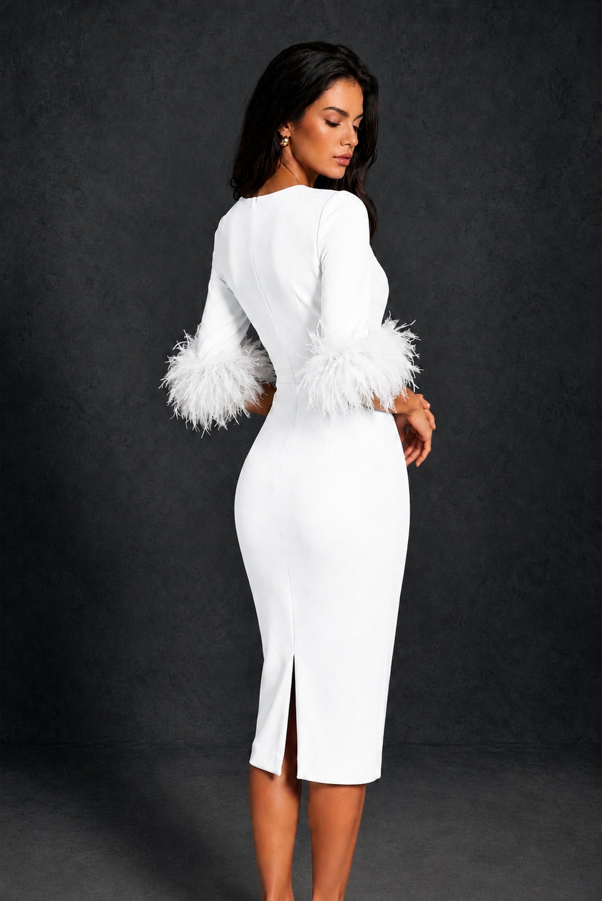 BOLODOO White Ostrich Feather Cuff 3/4 Sleeve Round Neck Bodycon Midi Dress with Back Slit - White