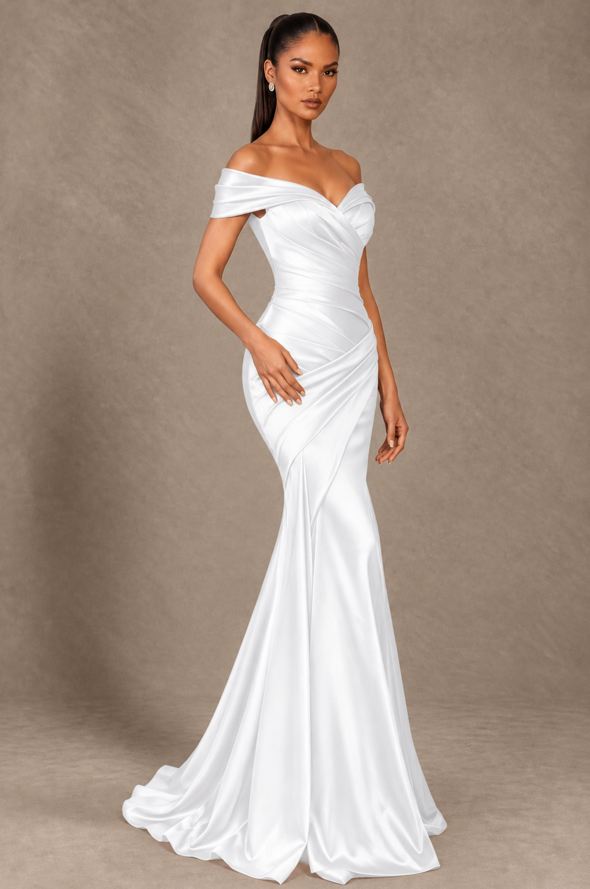 BOLODOO White Off-the-Shoulder Ruched Satin Mermaid Evening Dress - White - White_2