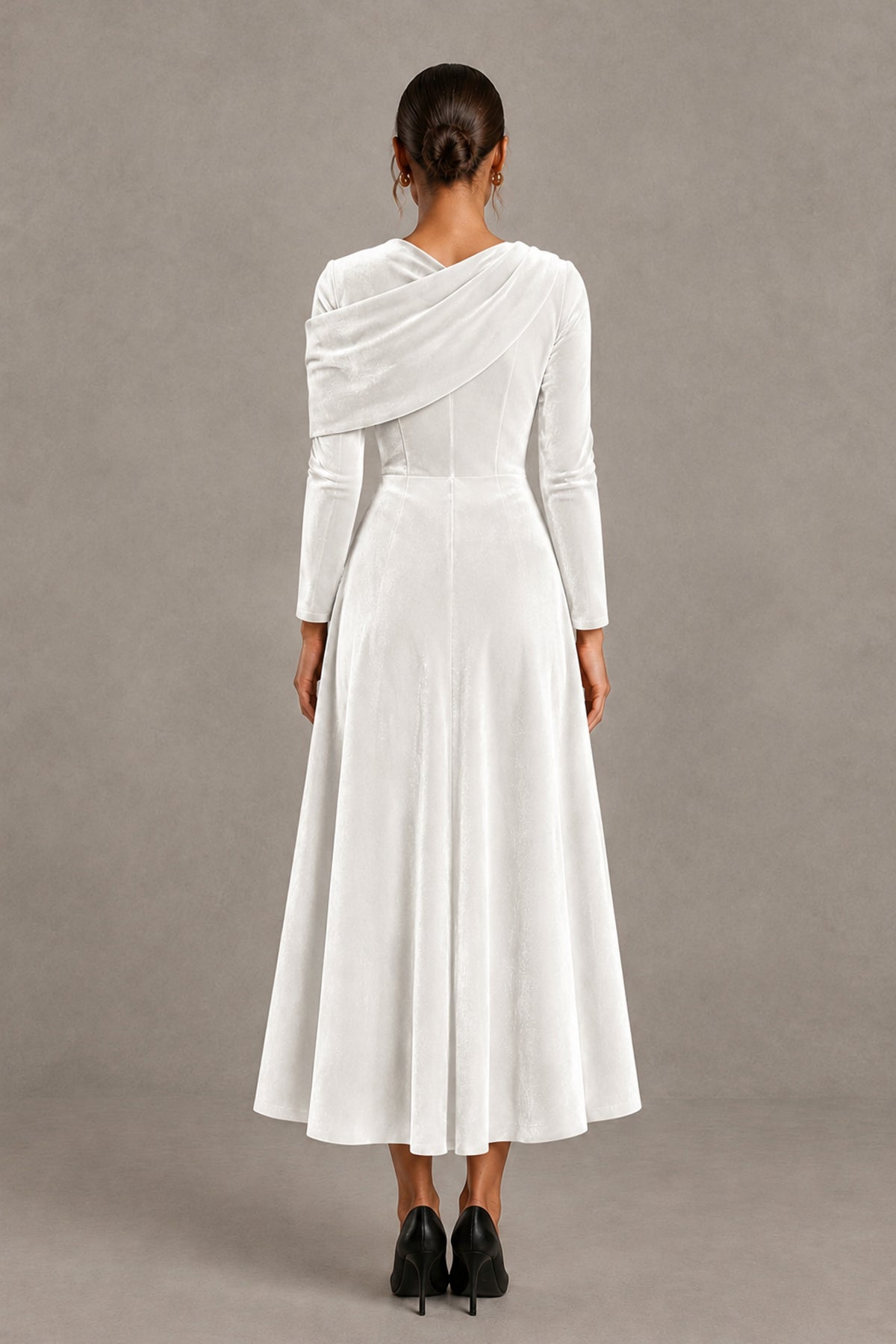 BOLODOO White Velvet-Look Long Sleeve Tea-Length A-Line Dress with Draped Neckline - White - White_2