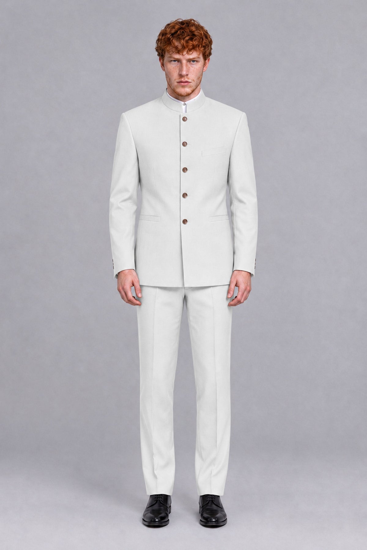 BOLODOO Men's White Mandarin Collar Two-Piece Suit - White - White_2