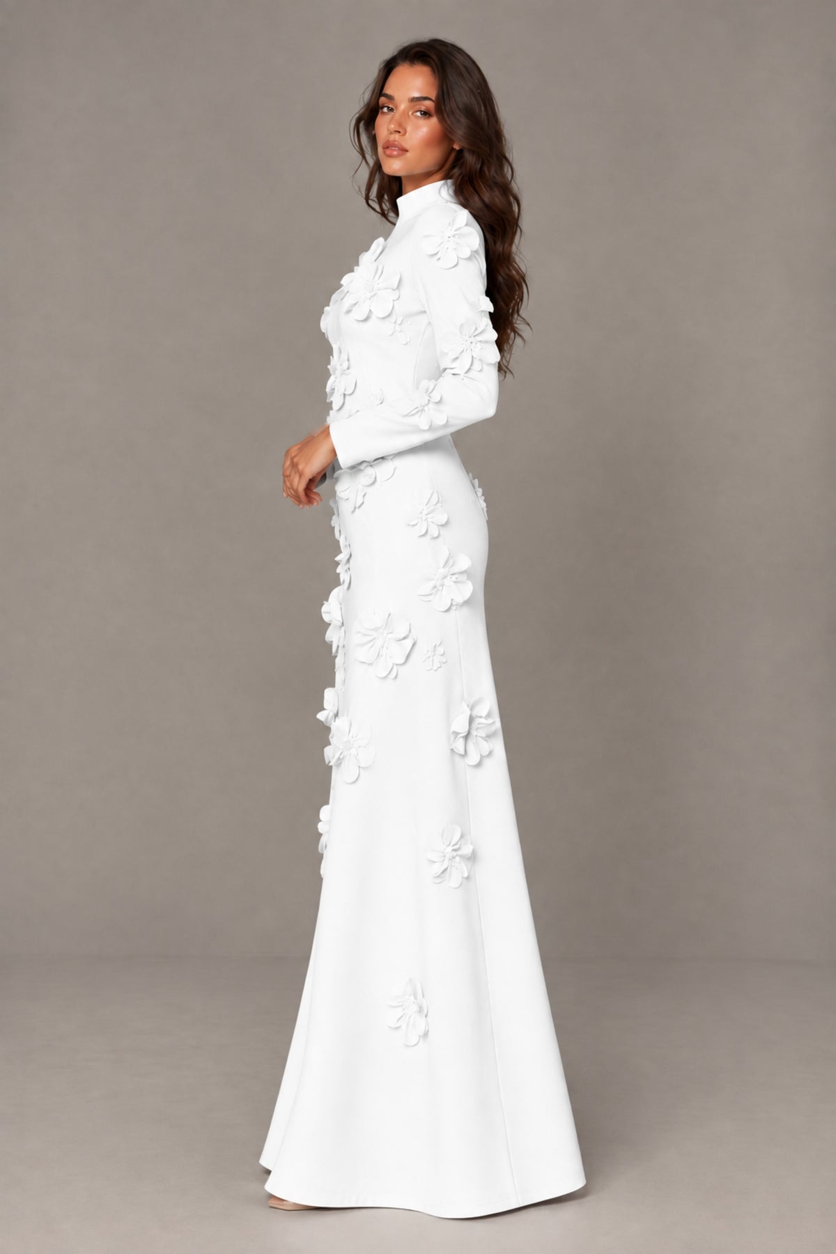 BOLODOO White High Neck Long Sleeve 3D Floral Evening Gown - White