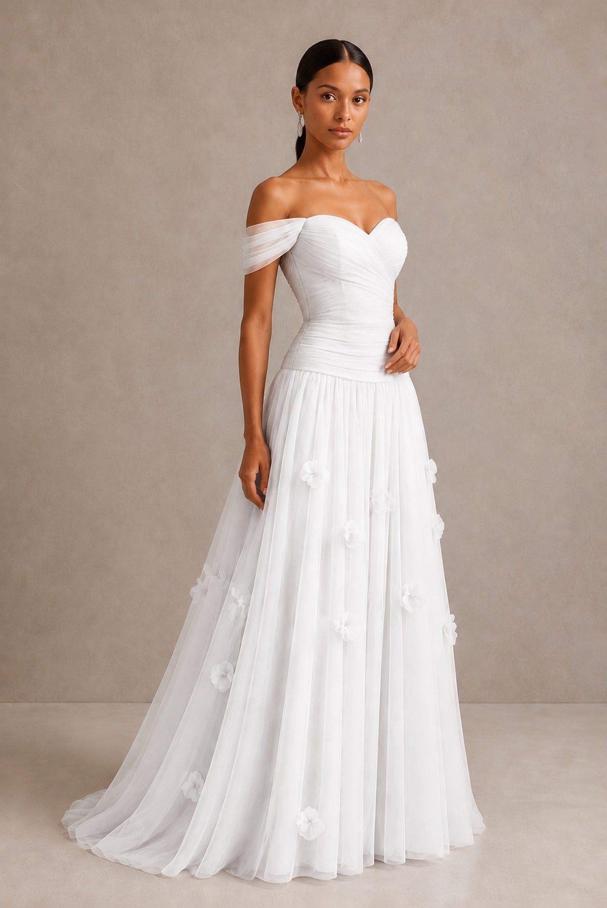 White Off-Shoulder Sweetheart A-Line Tulle Gown with 3D Floral Appliques | BOLODOO - White