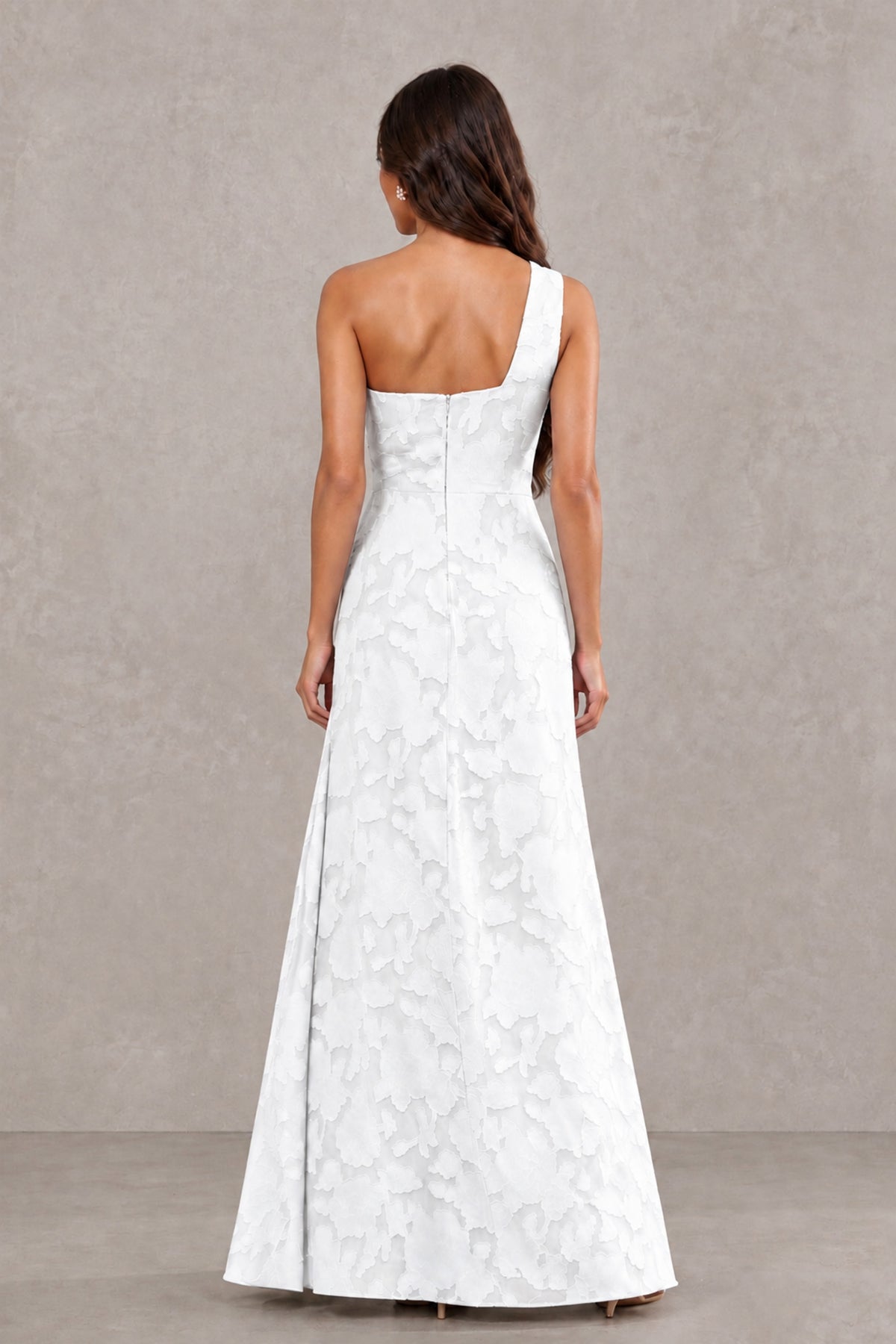 BOLODOO White One-Shoulder Floral Textured Maxi Dress with High Slit - White - White_2